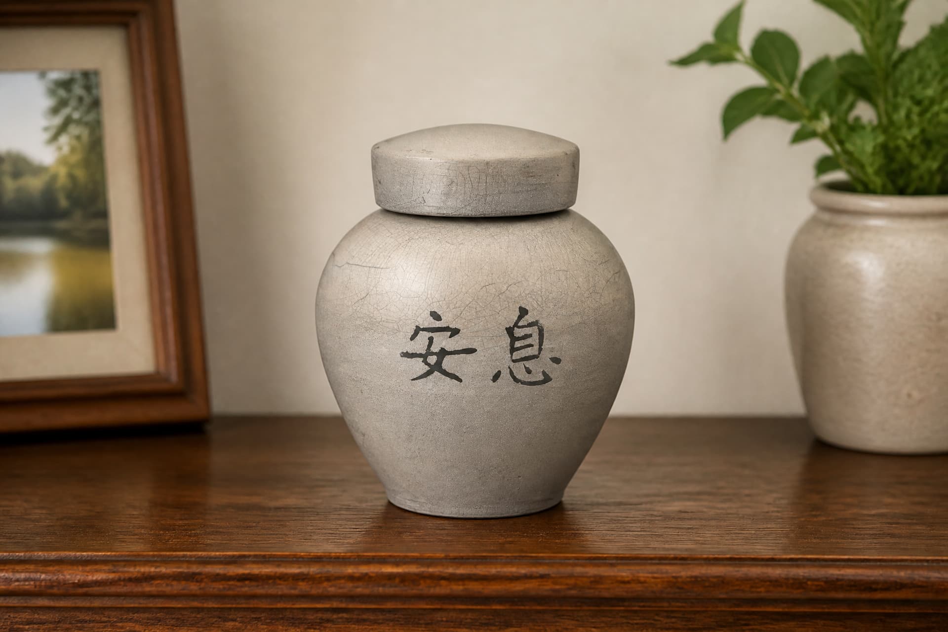 A pale raku-glazed ceramic cremation urn with a lifted lid and the characters 安息 brushed on the front, on a wooden shelf