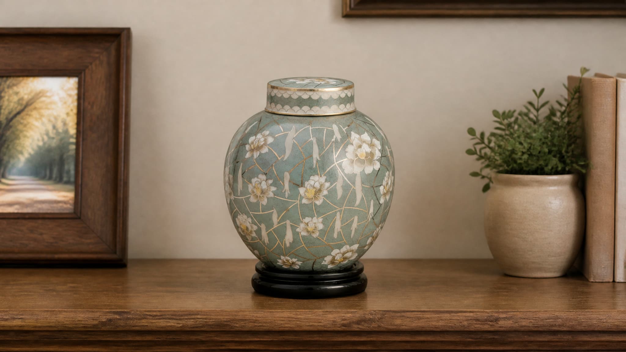 A sage-green cloisonné cremation urn with white pear blossoms and gold wirework, on a wooden shelf in soft daylight