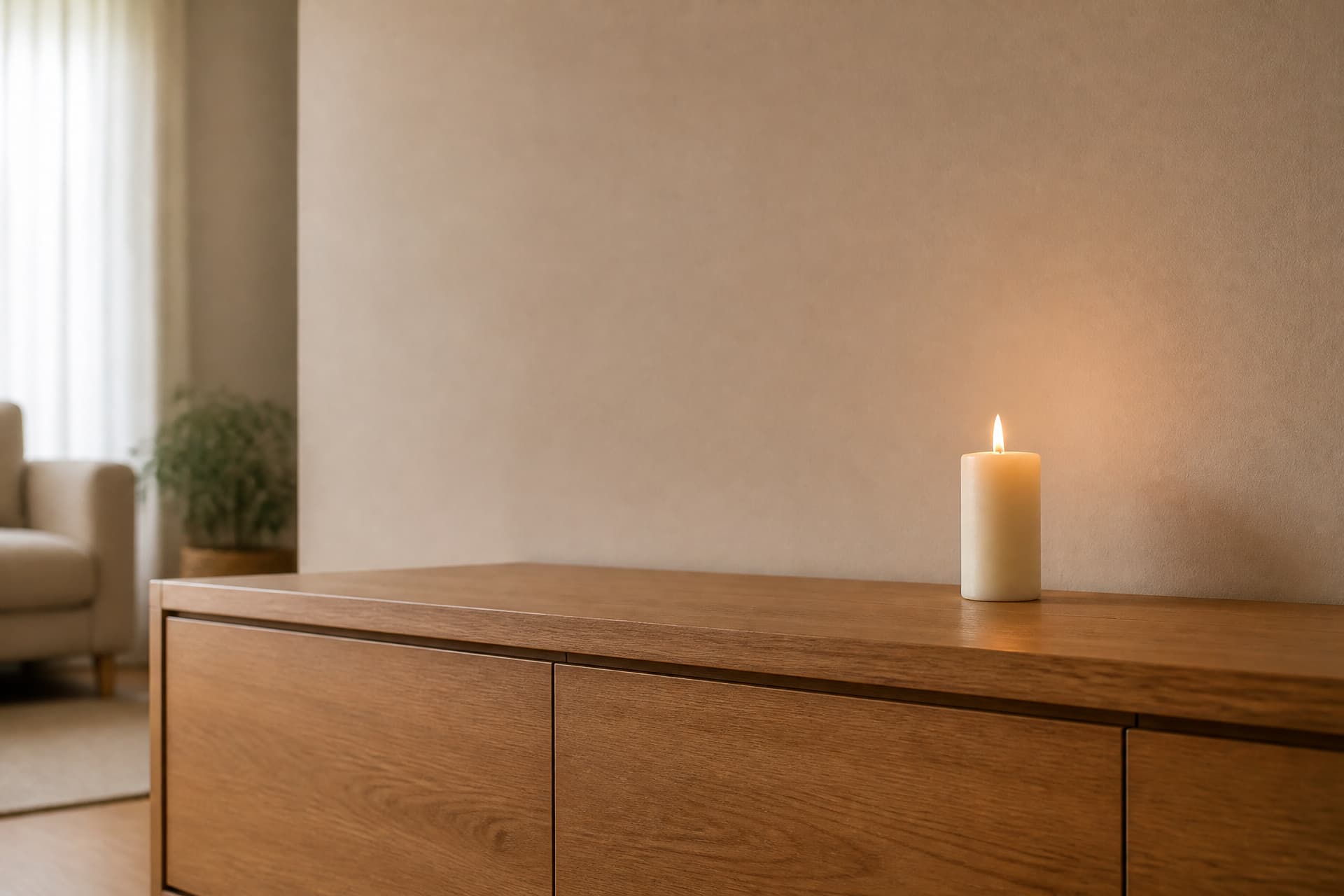 A single lit candle on an otherwise empty low wooden cabinet in a quiet, softly lit room