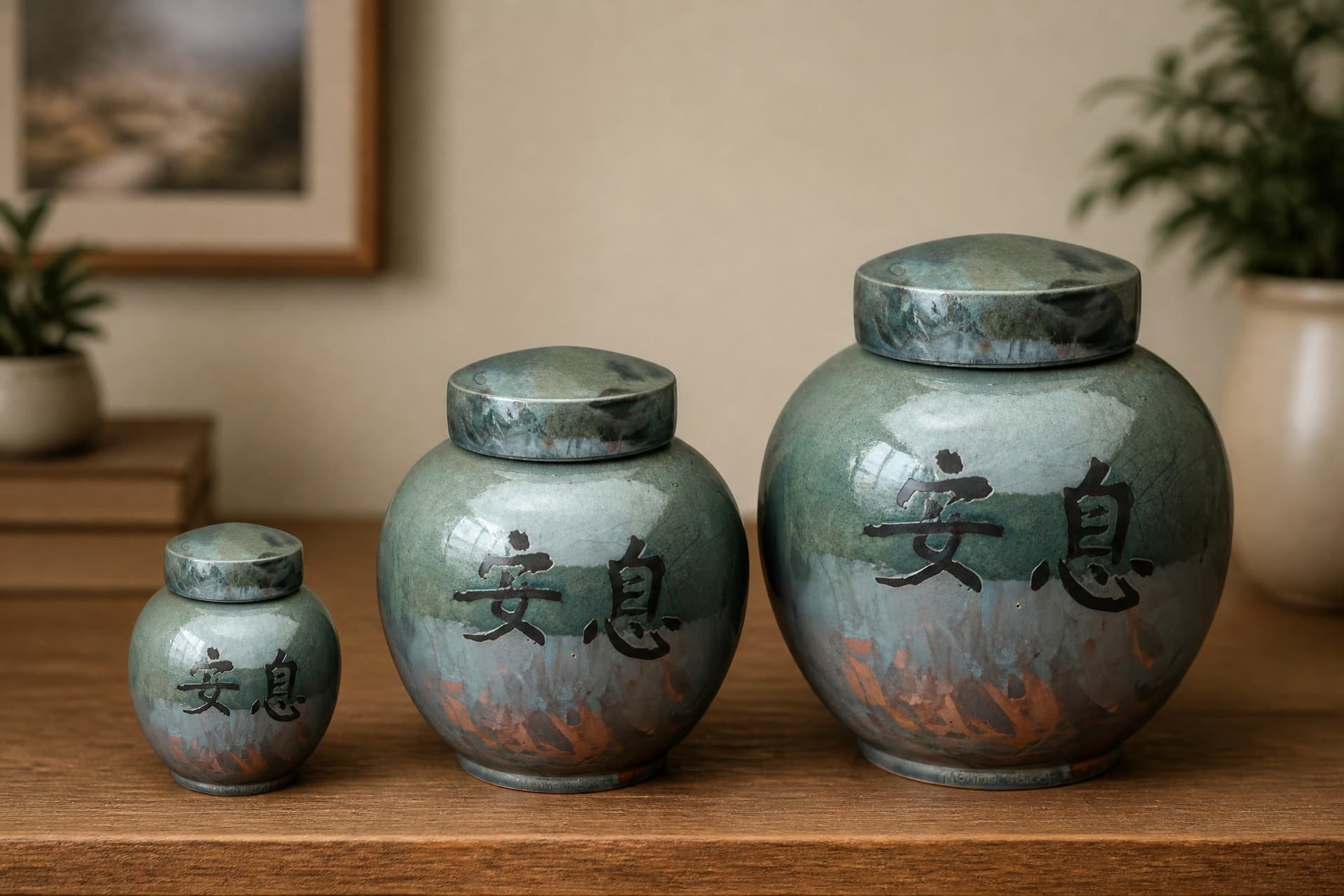 Three Asian Raku cremation urns of one design side by side at true relative size — a keepsake, a full-size urn, and a companion urn, each brushed with the characters 安息