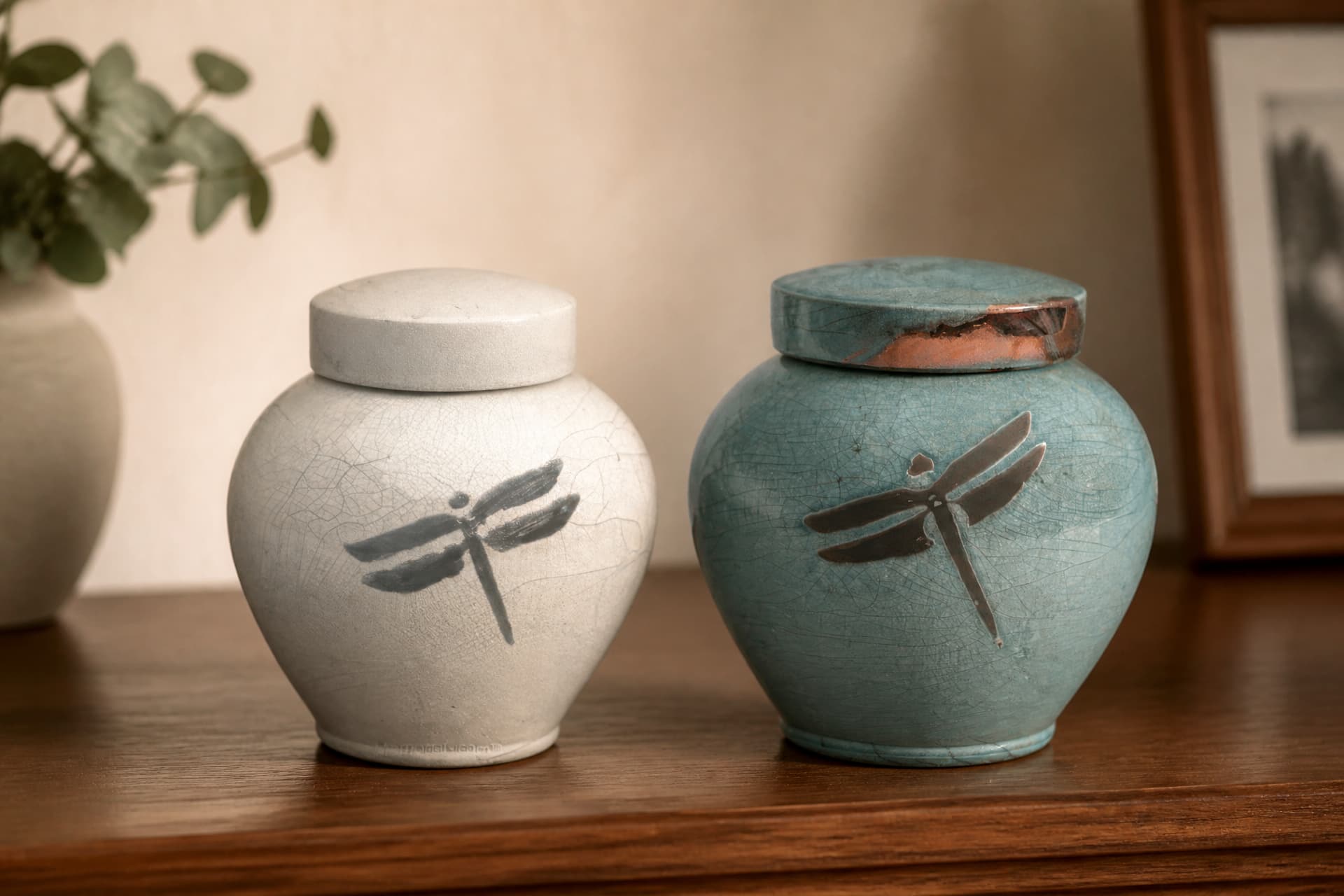Two raku-glazed ceramic cremation urns with dragonfly motifs, one white and one turquoise with copper flashing, on a wooden shelf