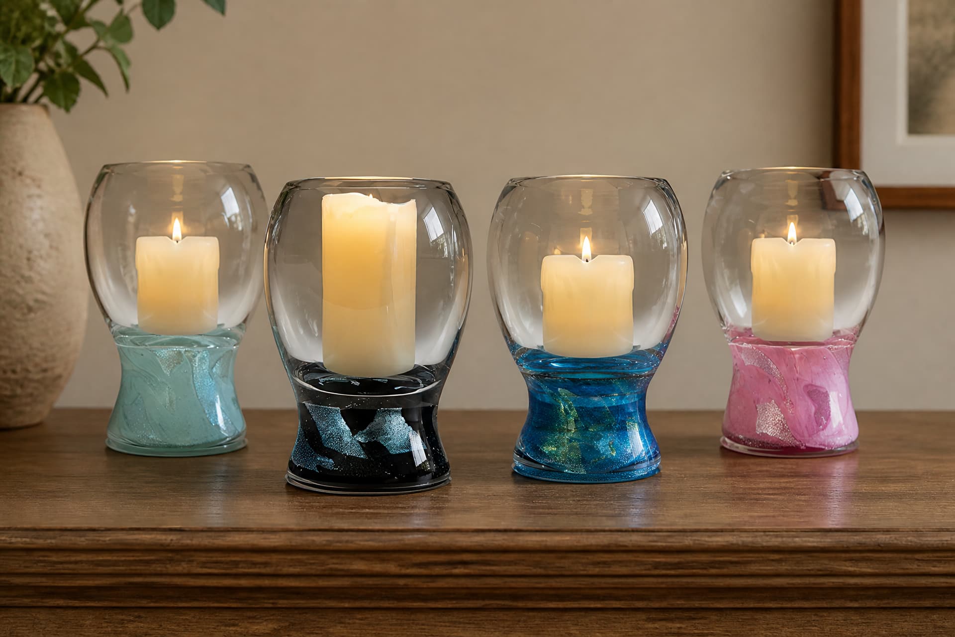 Four memorial candle holders in aqua, black, blue and pink glass on a wooden shelf, three of them lit, each with cremated ashes fused into the base