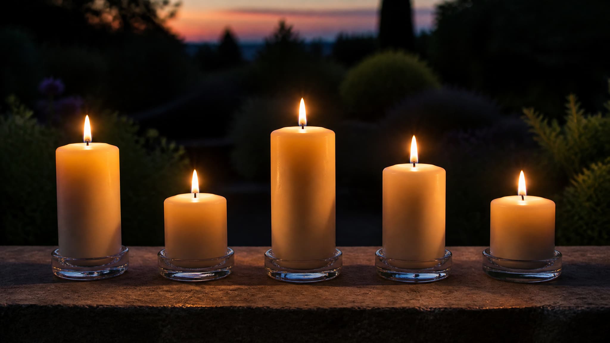 A row of lit pillar candles in glass holders on a stone ledge at dusk, with soft evening light behind