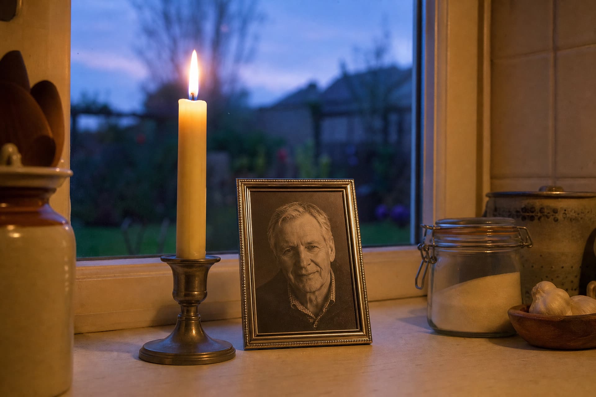 A single lit candle in an engraved holder on a kitchen windowsill at dusk, beside a framed black-and-white portrait of an older man