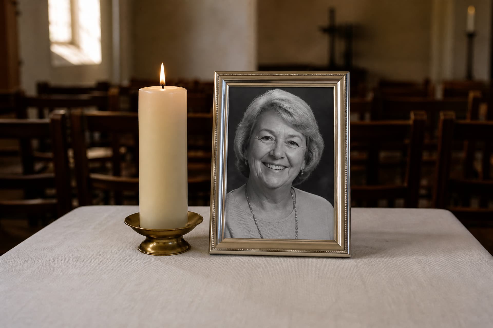 A single lit ivory pillar candle in a brass holder on a linen-covered table beside a framed black-and-white portrait of an older woman, rows of empty chairs behind