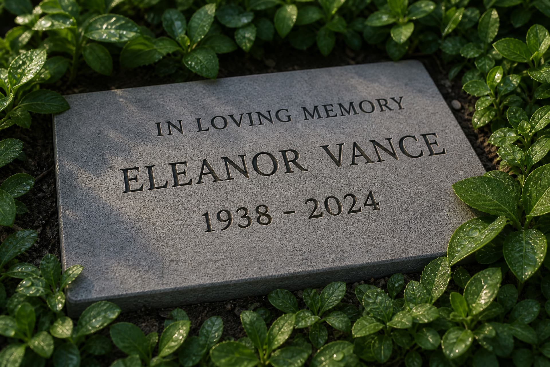 An engraved flat memorial stone set flush into a planting bed among low green foliage, with soft morning light across it