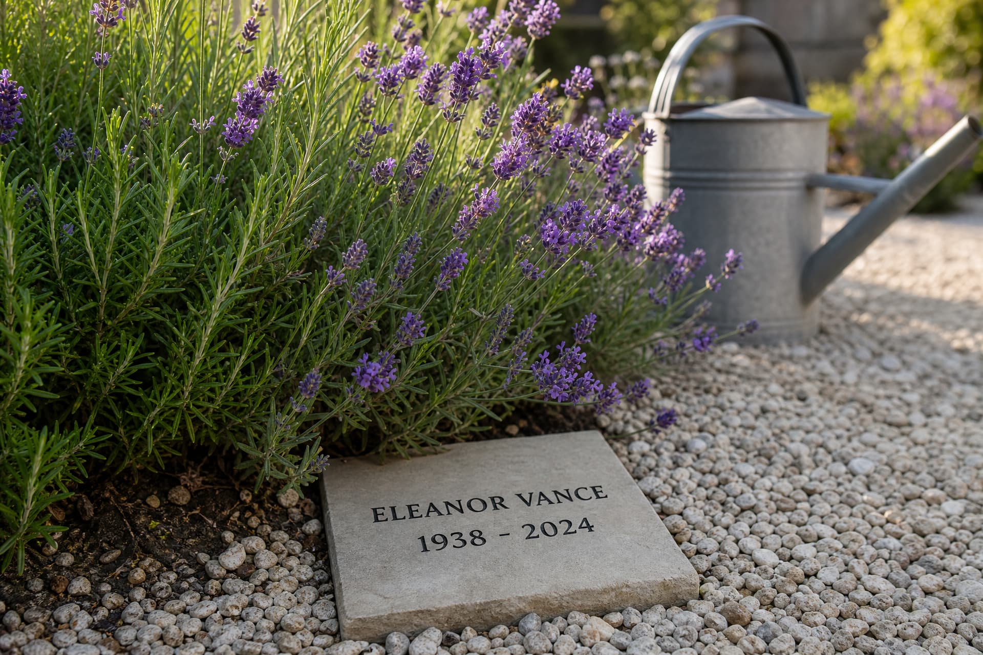 Lavender and rosemary growing beside an engraved memorial paver set into gravel, with a watering can resting nearby