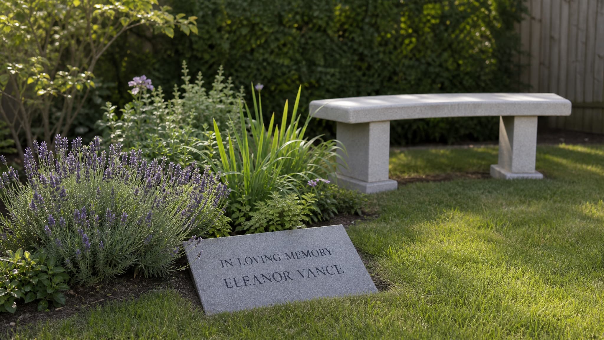 A small memorial garden corner with a curved stone bench, low planting and an engraved flat stone set into the grass