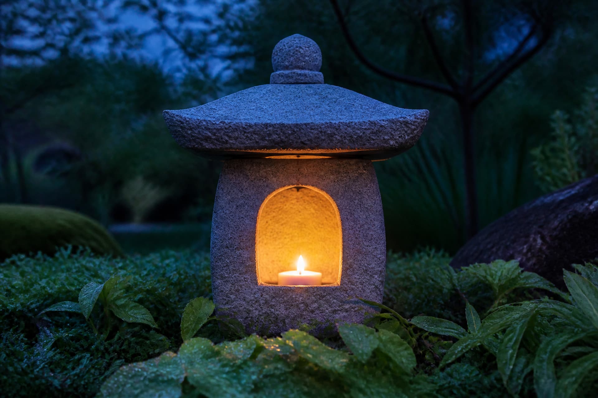 A carved granite garden lantern standing among low planting at dusk, a candle glowing inside its opening