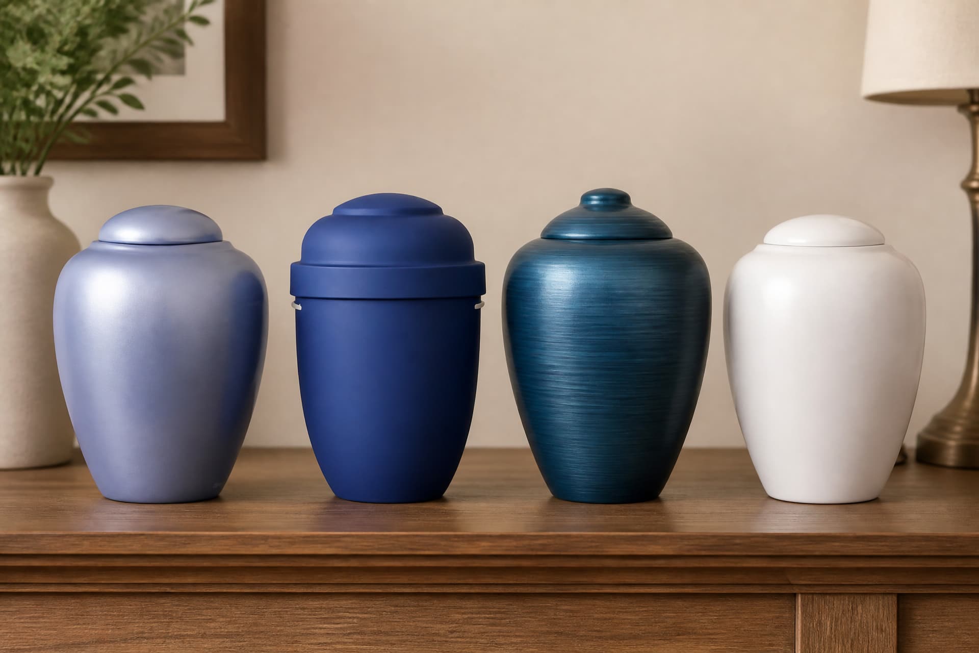 Four biodegradable water cremation urns in blue, white and pearl finishes arranged together on a wooden shelf