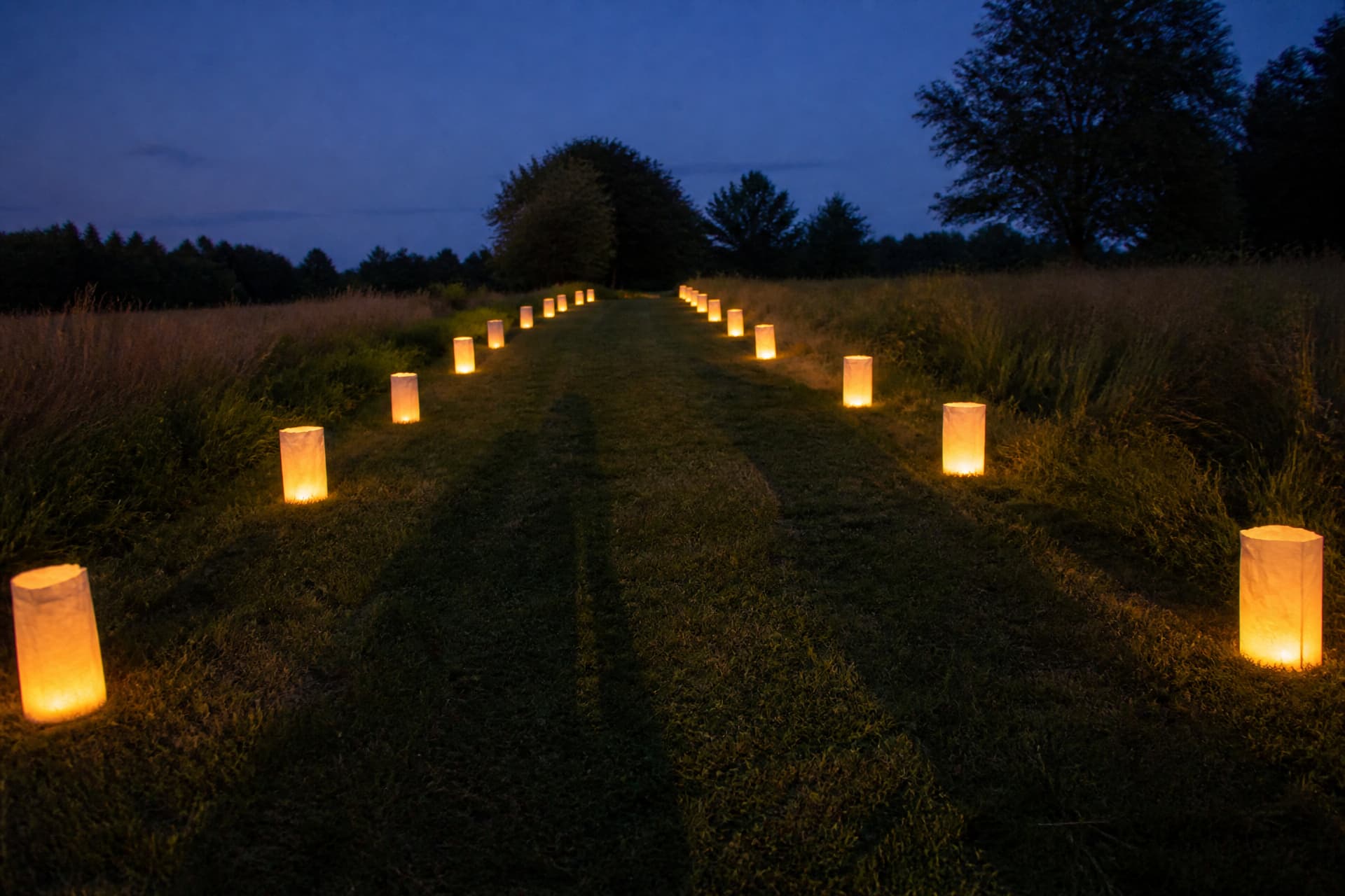 Paper lanterns lit and standing on the ground along a path at dusk, unreleased, with people's shadows on the grass