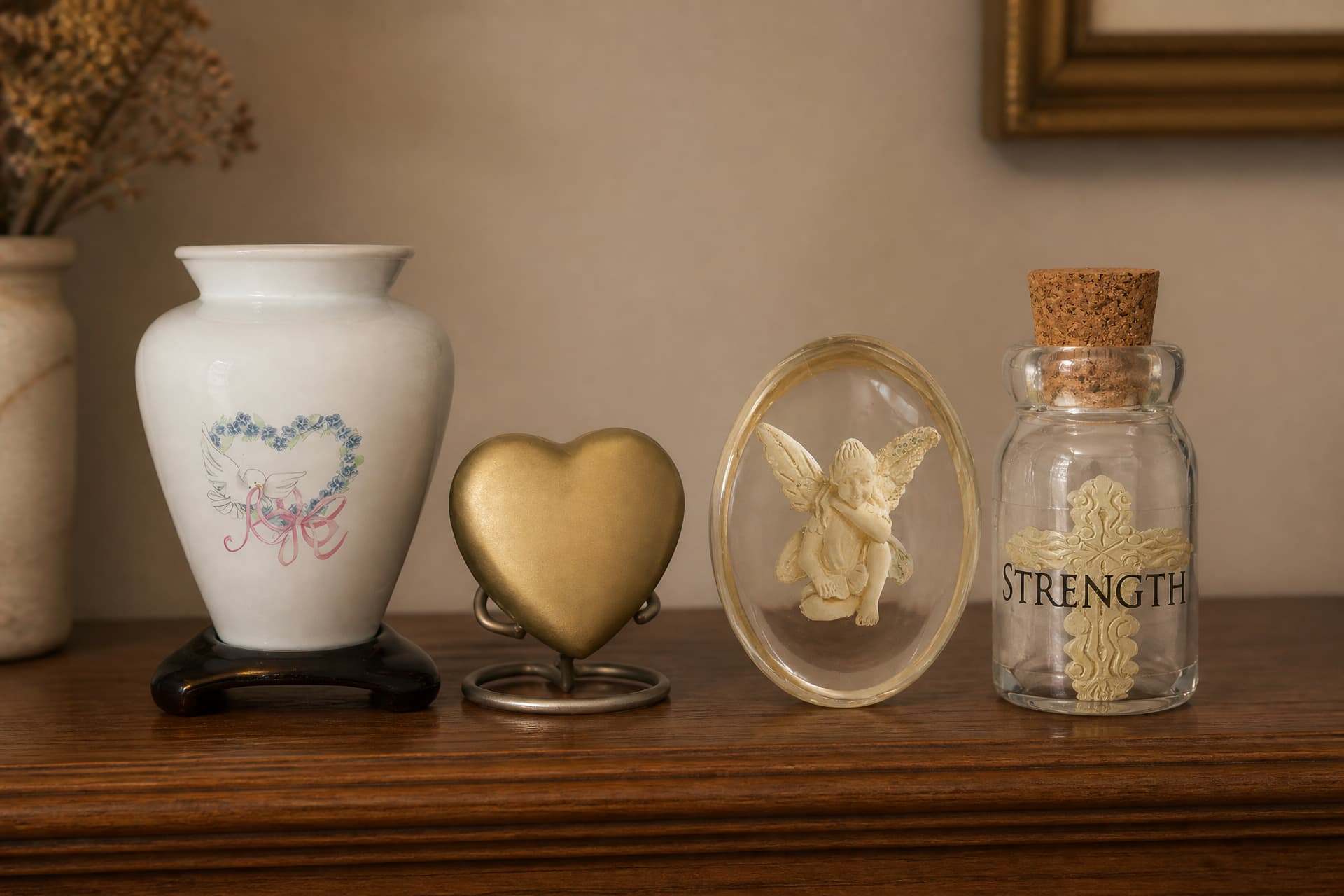 Four small memorial keepsakes on a wooden shelf โ a white ceramic vase with a dove and forget-me-nots, a brass heart on a wire stand, a resin angel set in a clear oval, and a corked glass bottle marked Strength