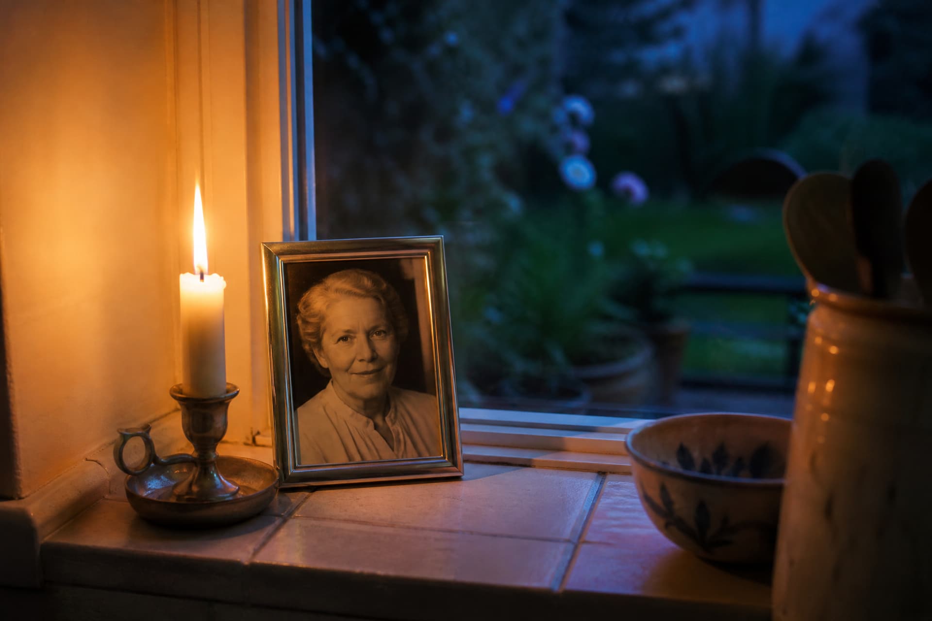 A lit candle on a kitchen windowsill at dusk beside a framed portrait of an older woman