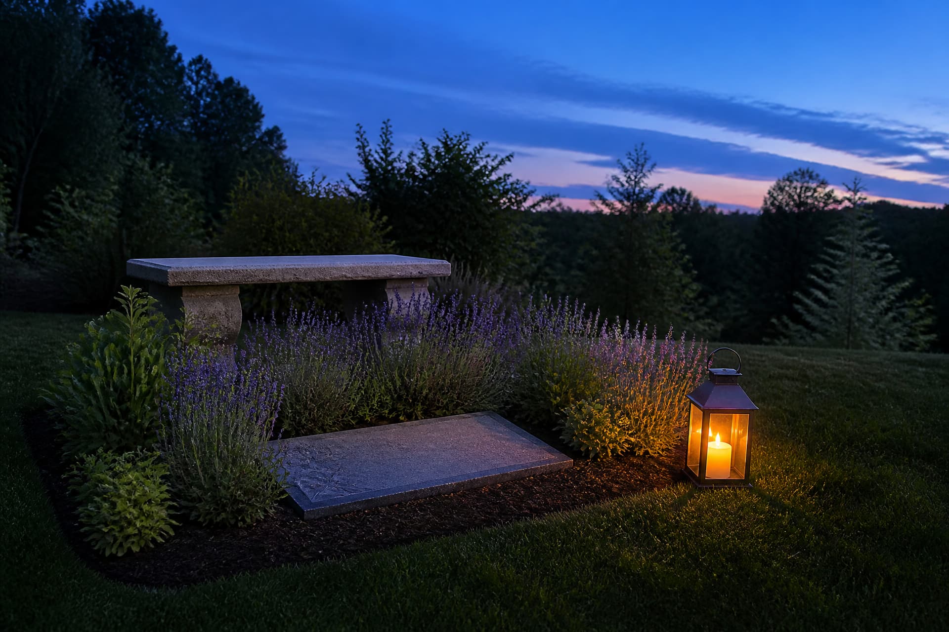A small memorial garden corner at dusk with a flat stone marker set into a planting bed of lavender, a stone bench behind it and a lit lantern on the grass