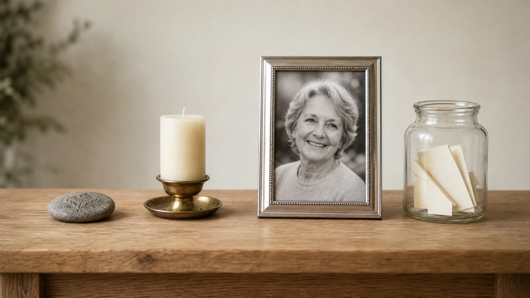 A wooden table holding a carved memorial stone, a candle in a brass holder, a framed black-and-white portrait of an older woman and a glass jar of folded cards