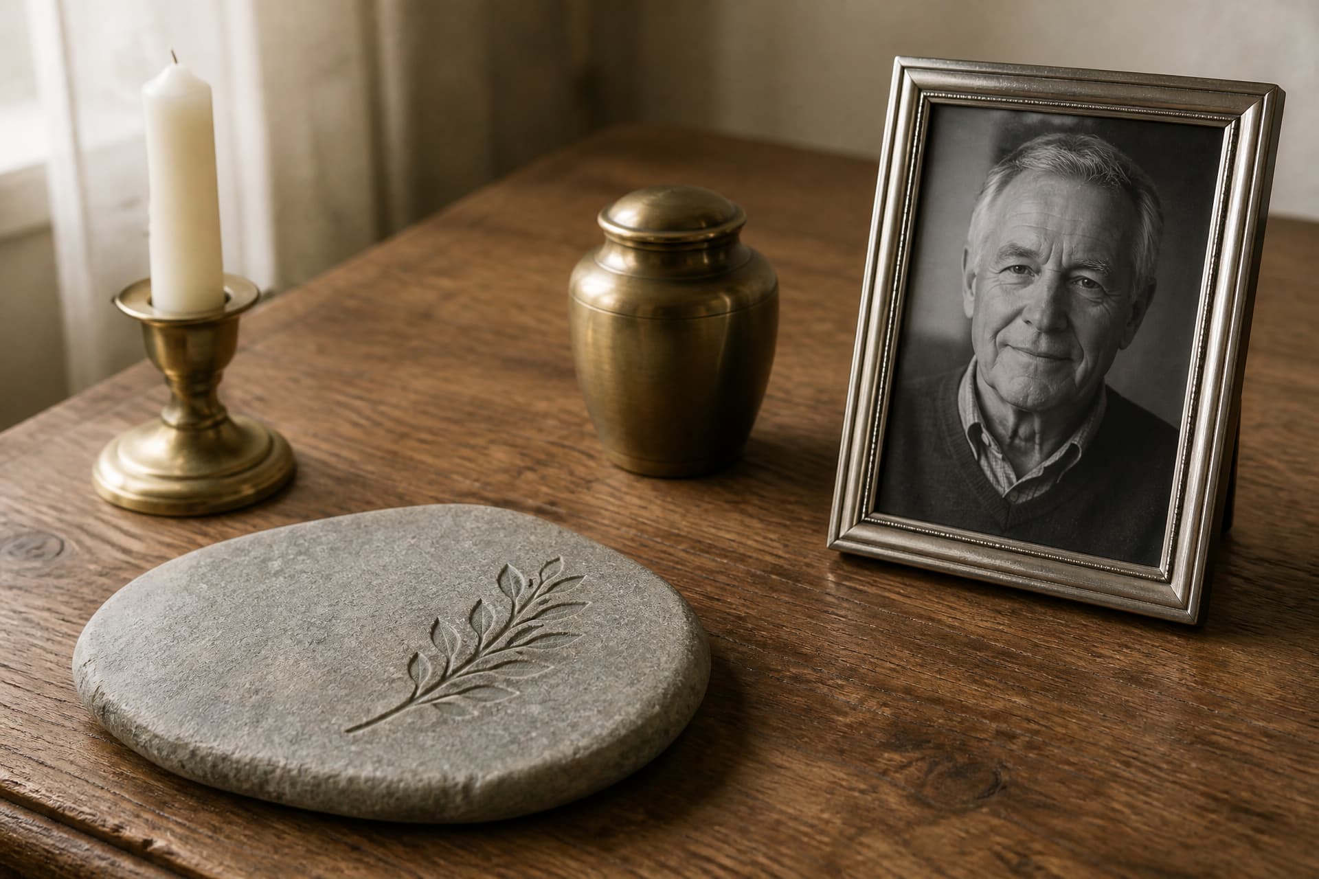 A wooden tabletop holding a carved memorial stone with a leaf relief, an unlit candle in a brass holder, a small brass urn and a framed black-and-white portrait of an older man