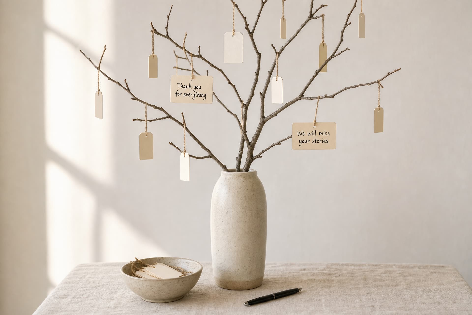 A bare branch arranged in a tall vase with small paper tags hanging from it, a bowl of blank tags and a pen on the table below