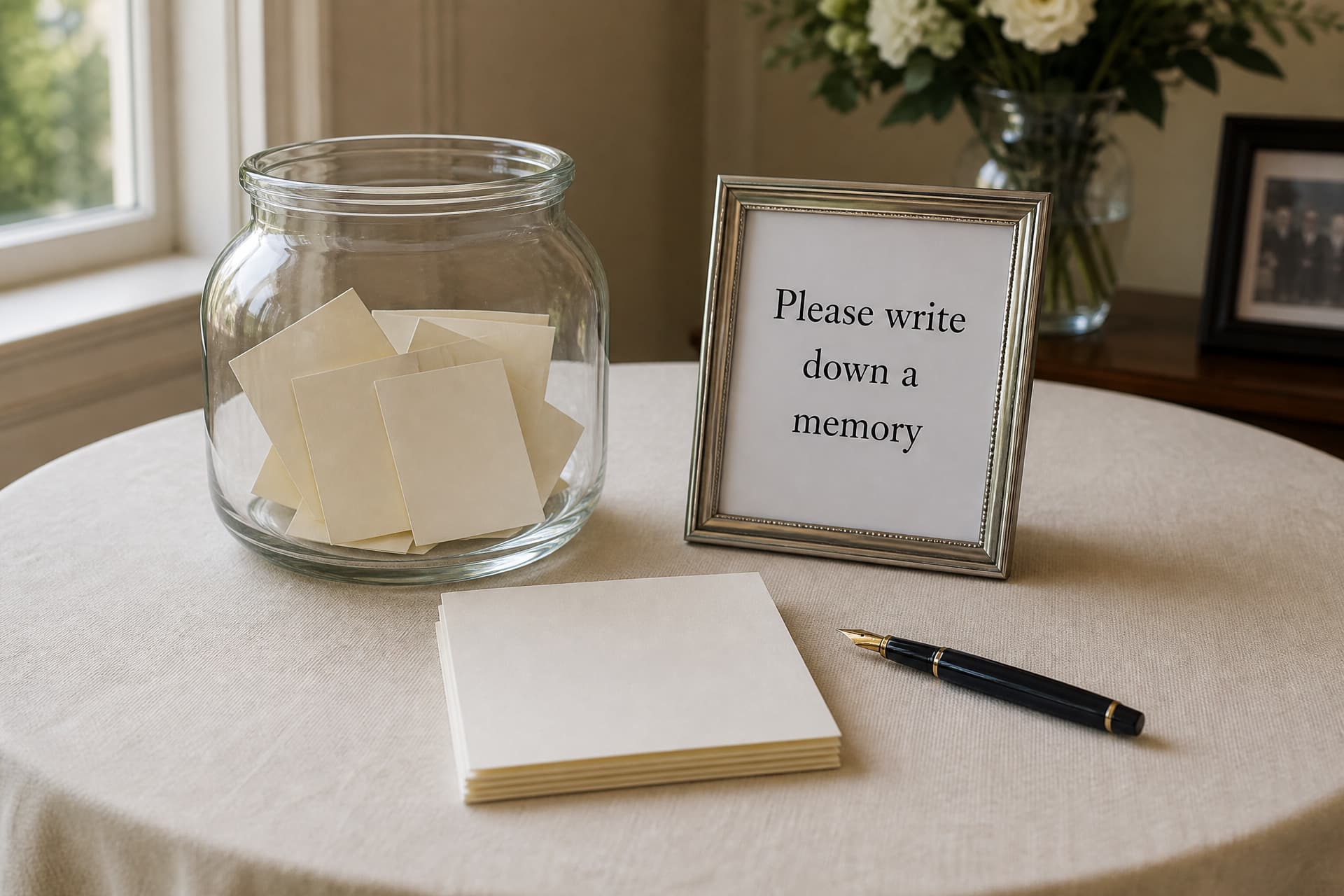 A guest table at a memorial service with a glass memory jar, a card stack, a fountain pen and a small framed sign