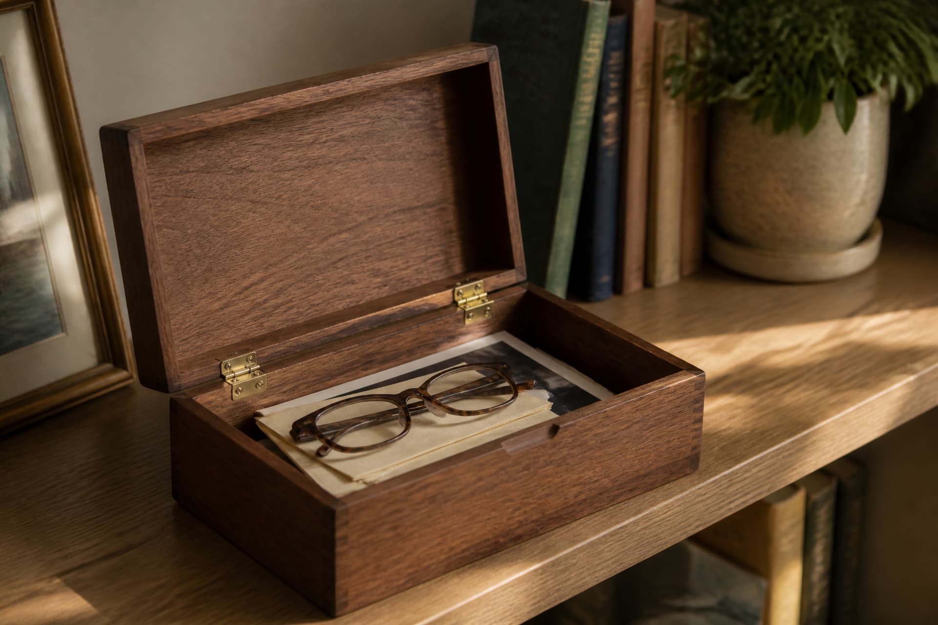 An open wooden keepsake box on a shelf holding a small stack of folded cards, a photograph and a pair of reading glasses