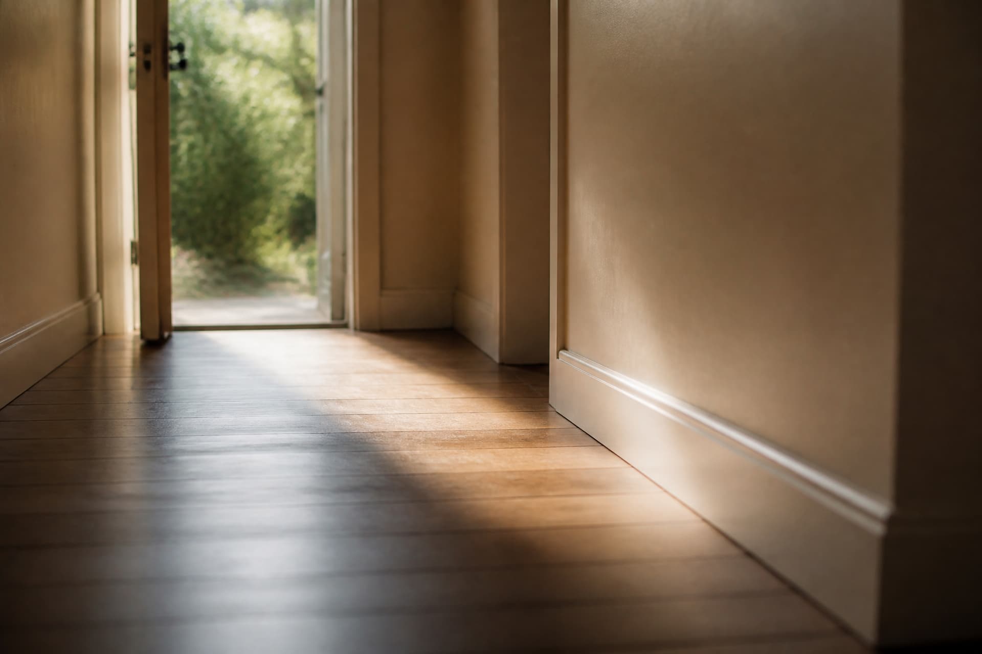 Daylight falling through an open doorway onto a wooden hallway floor