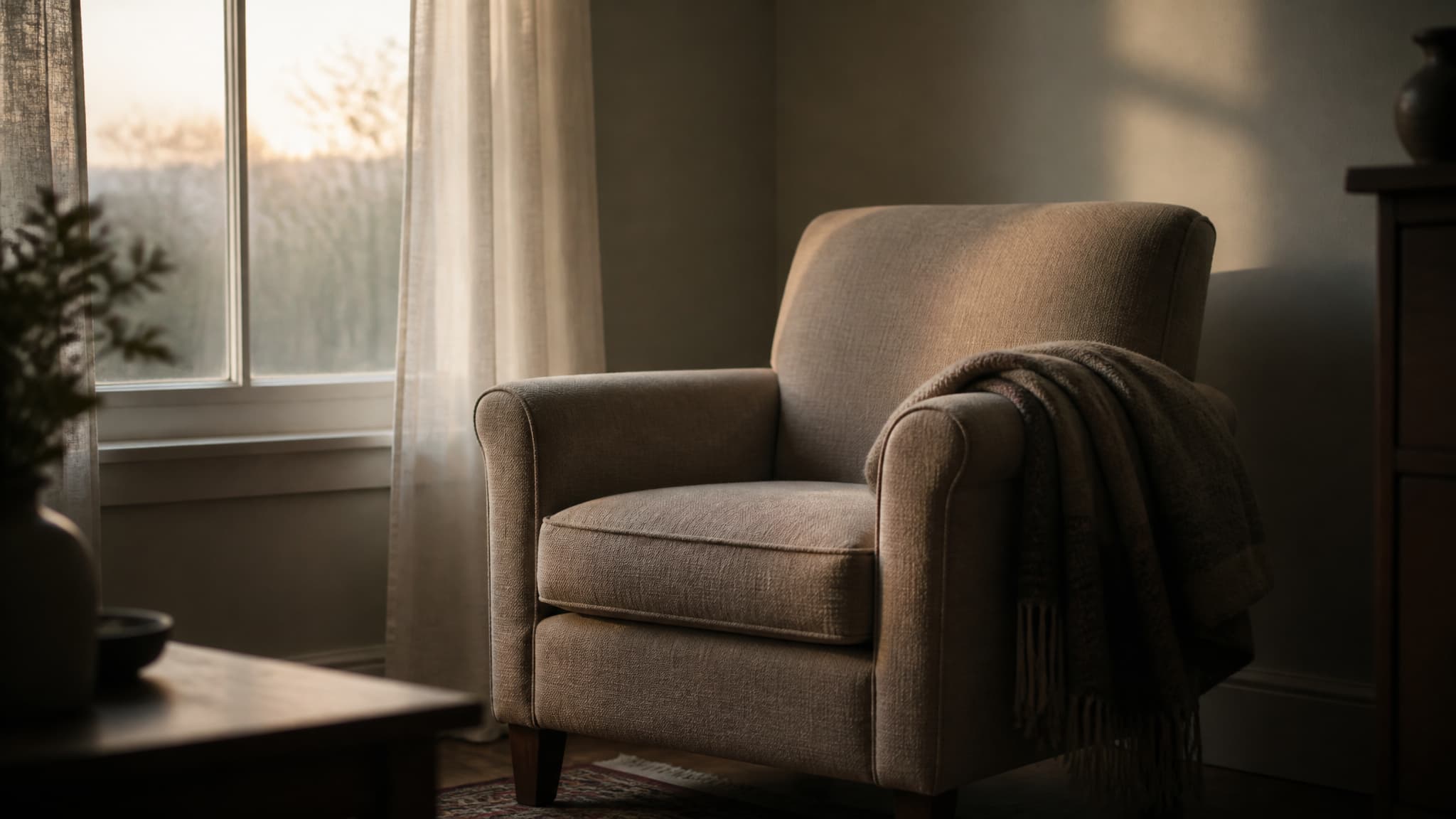 An empty armchair beside a window in soft early morning light, with a folded blanket over one arm