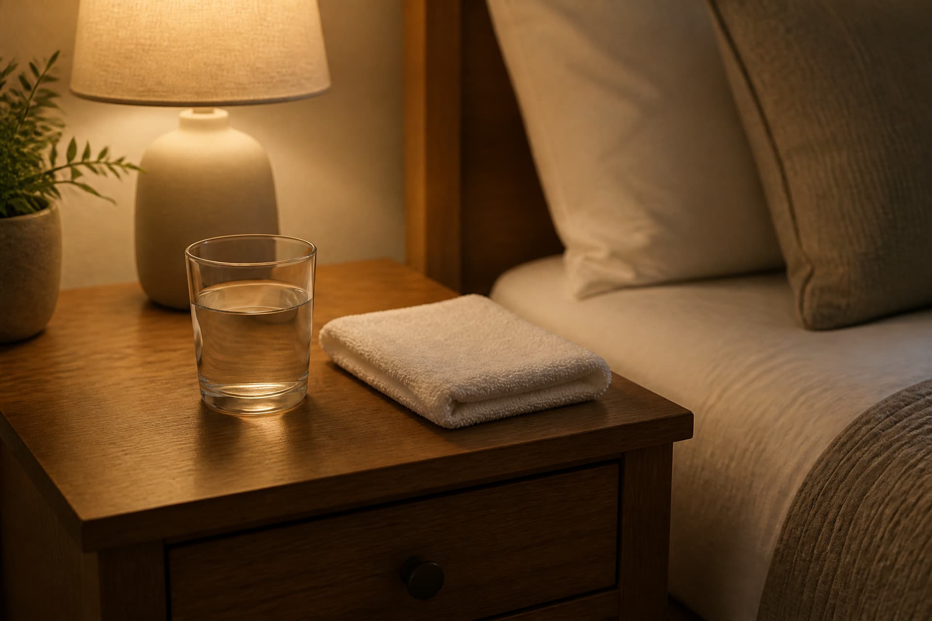 A wooden nightstand beside a bed holding a glass of water and a folded white washcloth, lit by a soft lamp