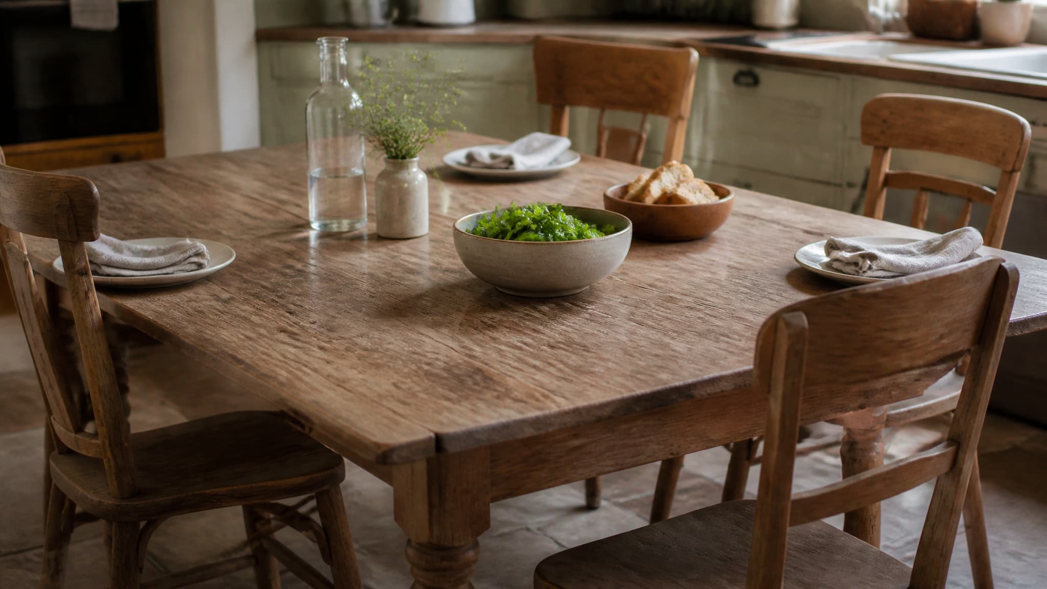 An empty chair at a kitchen table set for a family meal, with three other chairs occupied only by folded napkins, in soft daylight