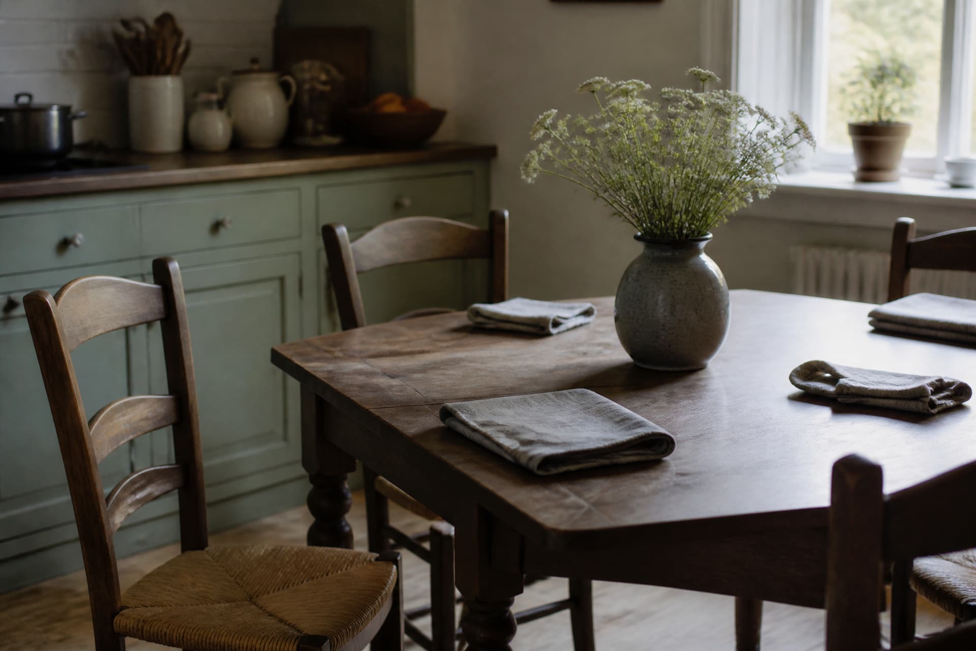 An empty wooden chair at a kitchen table with three other chairs around it holding folded napkins, soft daylight from a window