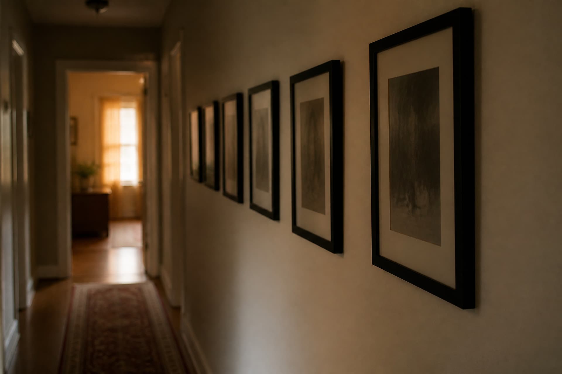 A narrow hallway with a row of framed photographs on the wall, none of the images discernible, in soft evening light