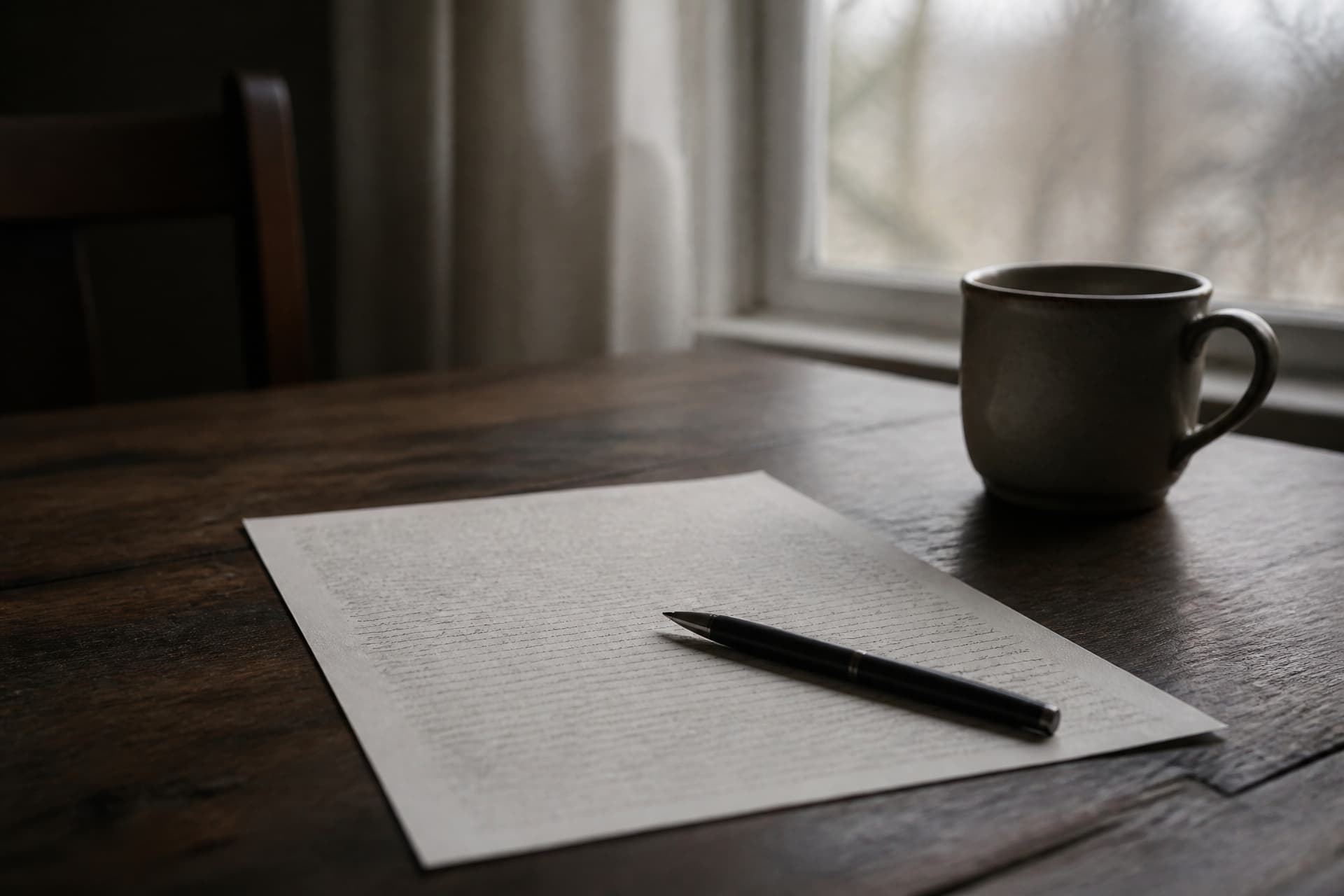 A single sheet of paper on a table with a pen laid across it beside a mug, in plain morning light