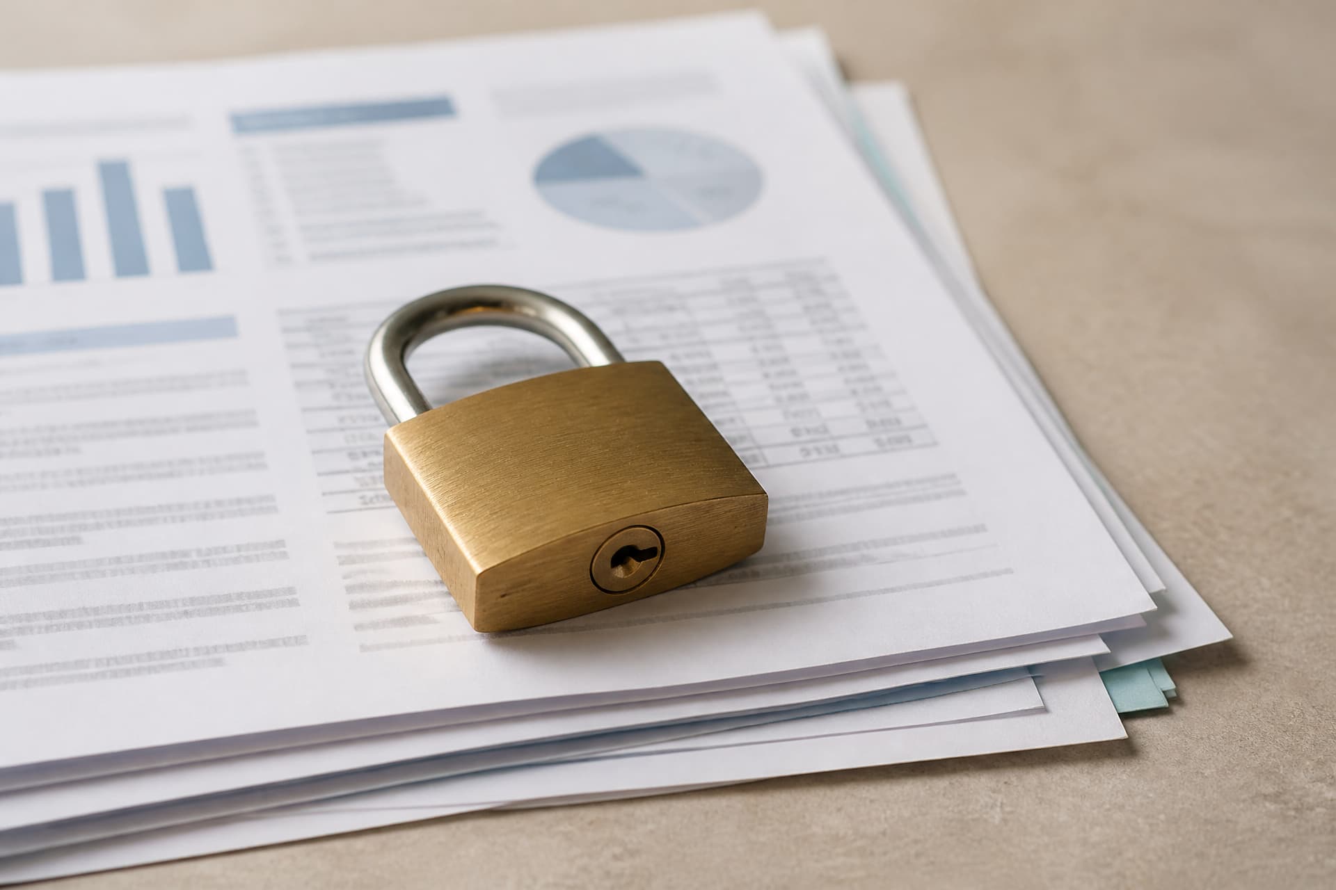 A closed padlock resting on a stack of printed financial documents on a plain desk in flat daylight