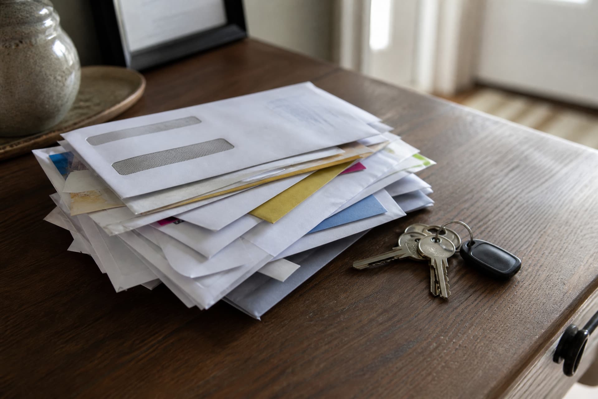 A stack of unopened promotional mail and window envelopes on a hall table beside a set of house keys