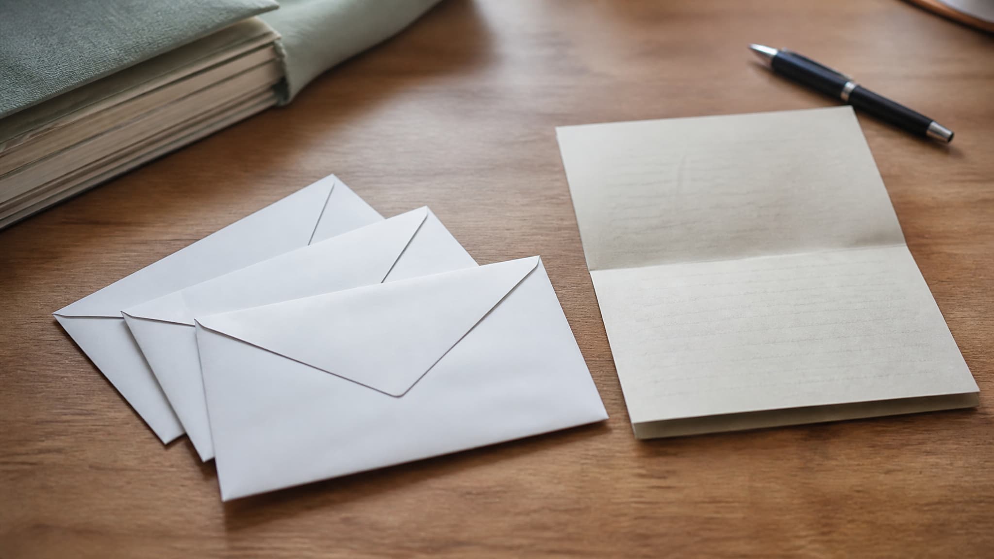 Three sealed white envelopes fanned on a plain desk beside a pen and a folded document, in flat daylight