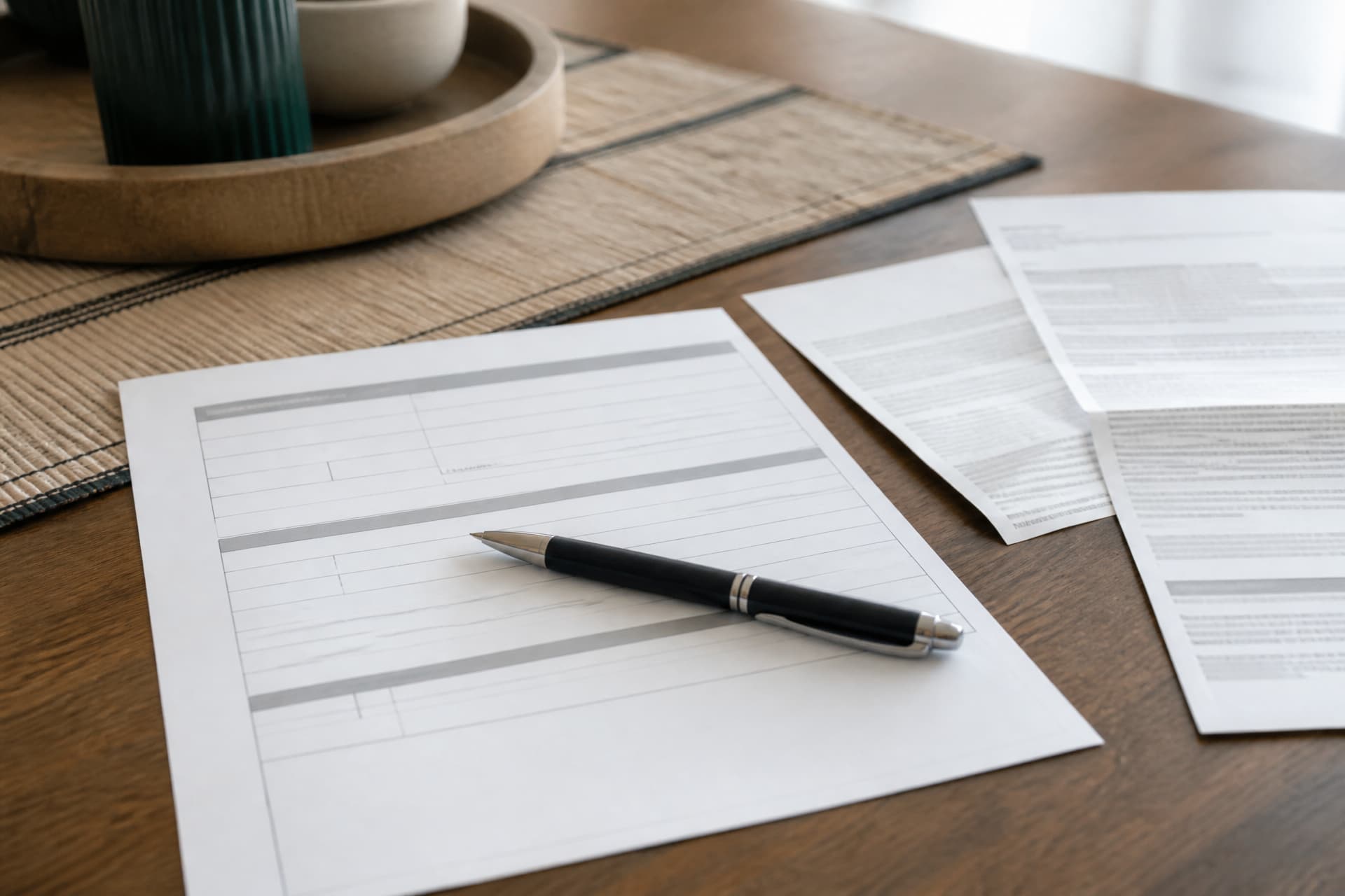 A blank government form on a table with a pen resting on it and a folded certified document beside it, soft daylight