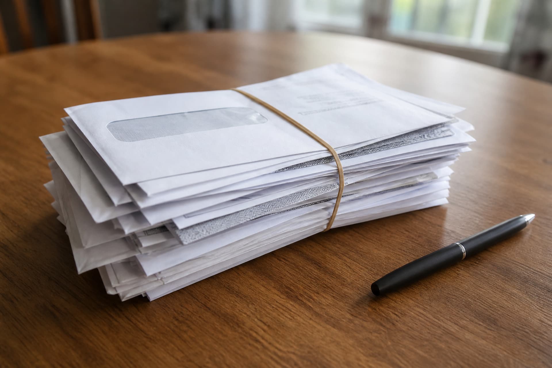 A bundle of window envelopes and folded statements held together with an elastic band on a wooden table beside a pen