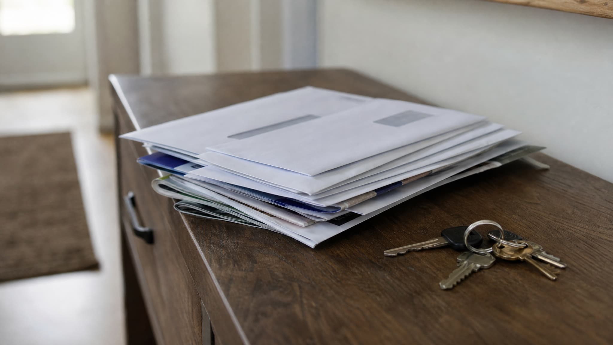 A pile of unopened window envelopes and promotional mail on a hall table beside a set of keys, in flat daylight