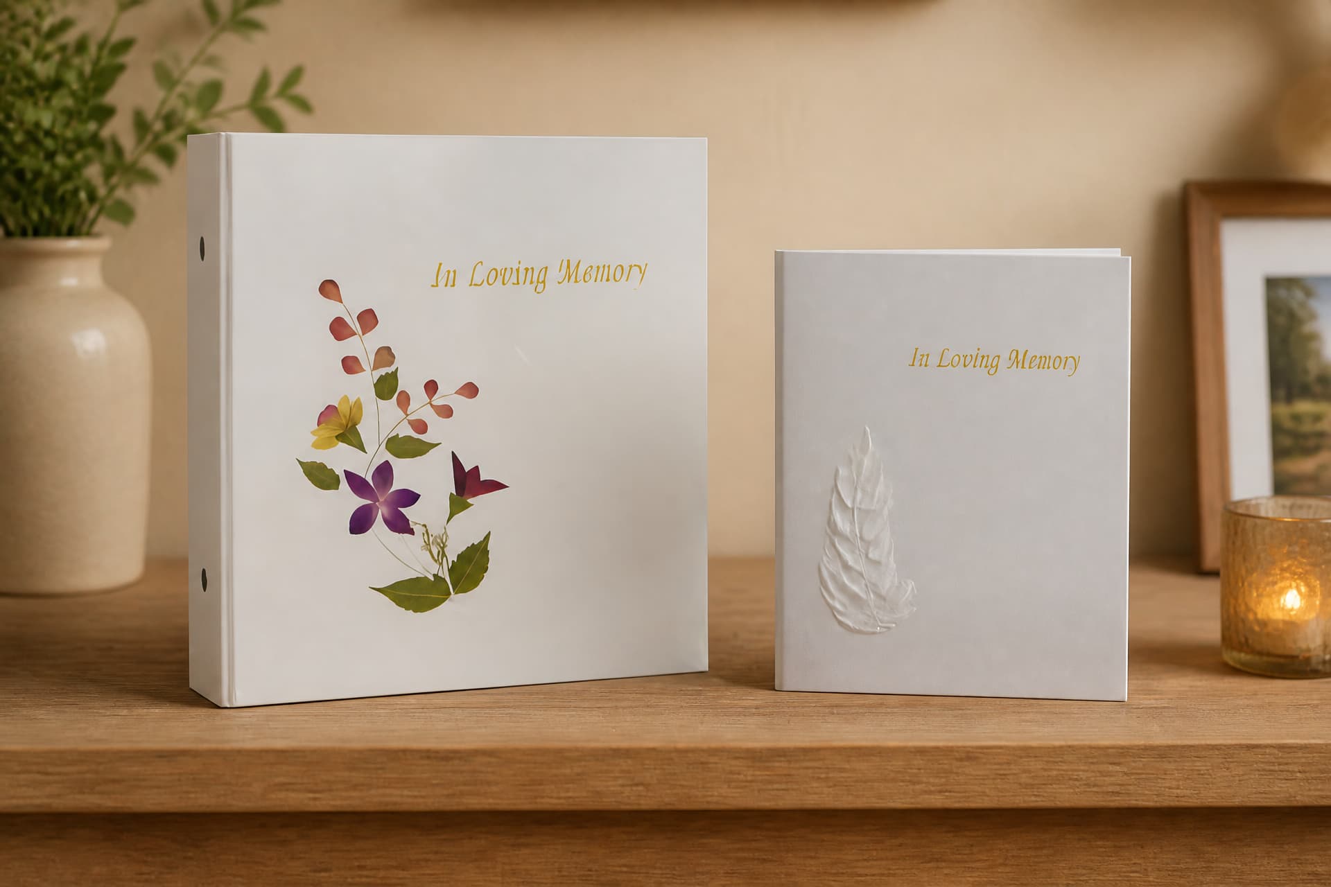 A cream memorial photo album with a pressed-flower design and a matching memorial guest book with a leaf motif, standing side by side on a wooden shelf