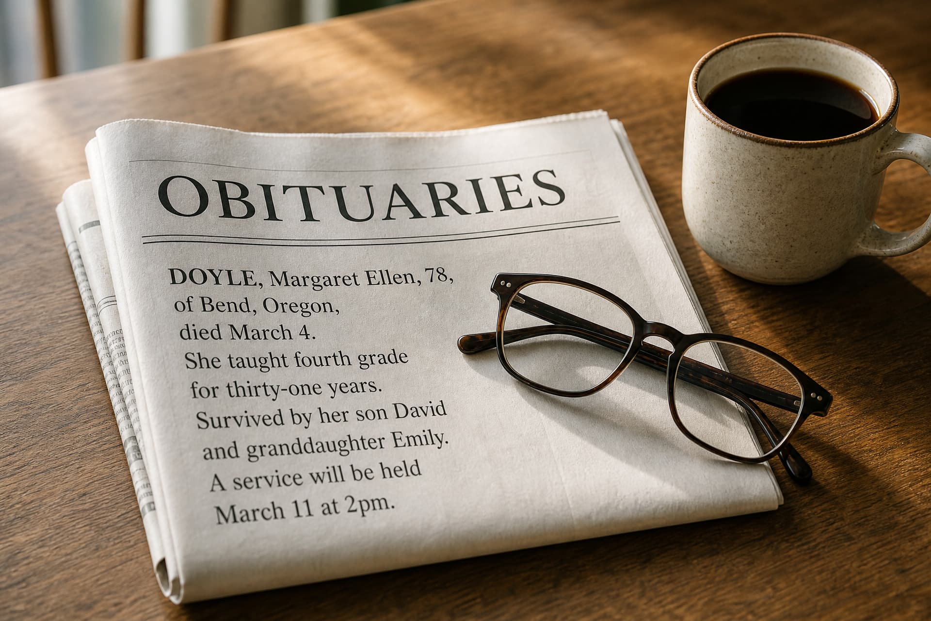 A folded newspaper obituaries page showing a short printed death notice, reading glasses resting on it and a cup of coffee beside it