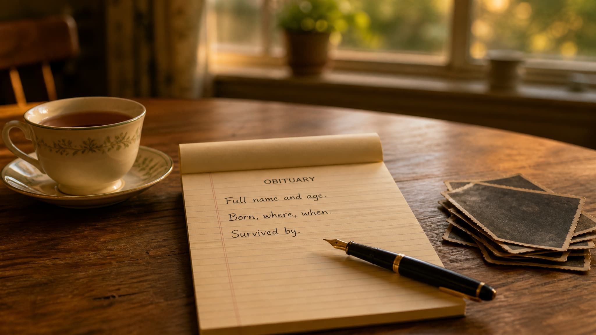 A notepad and pen on a kitchen table beside a cup of tea and a small stack of family photographs