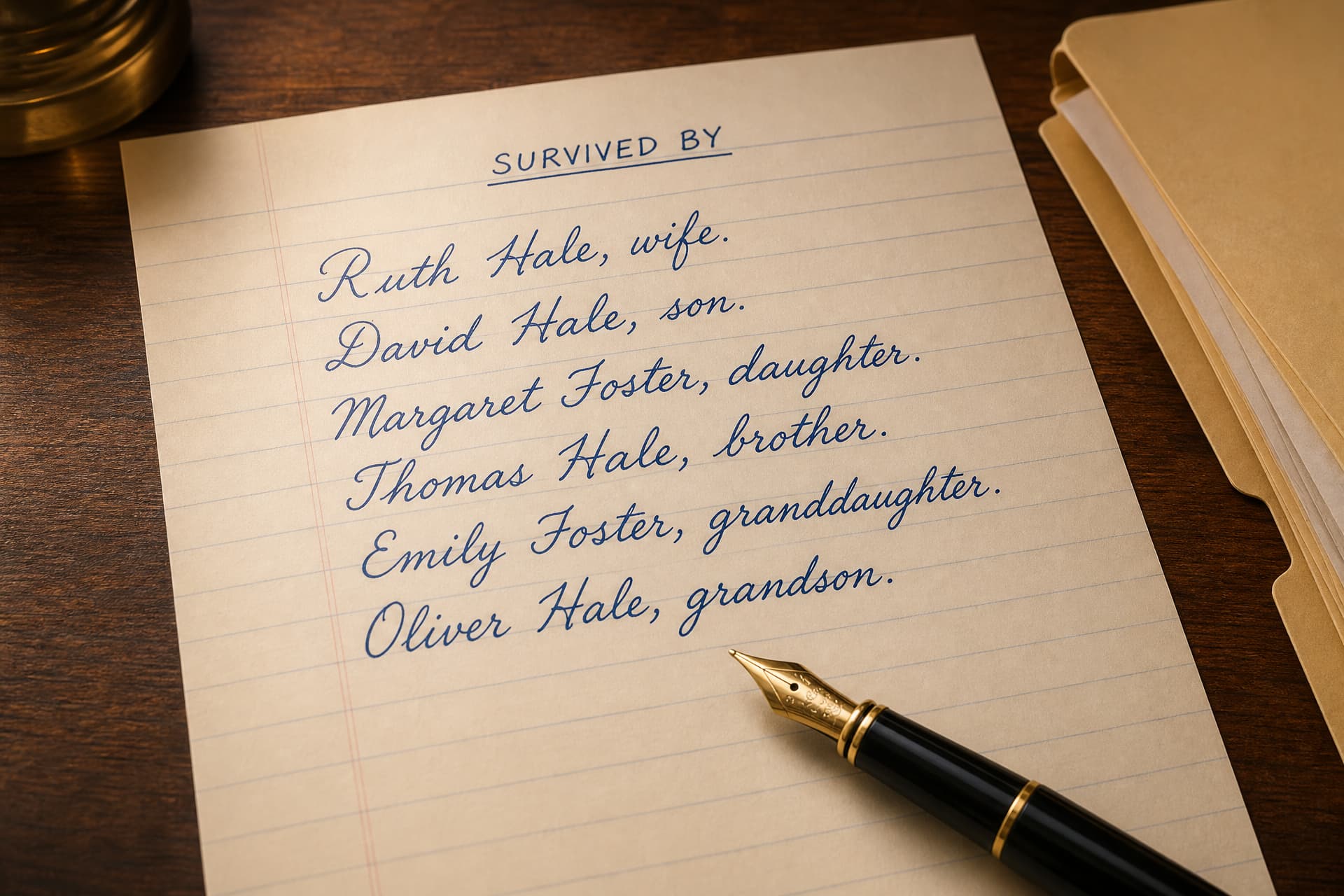 A sheet of lined paper headed "Survived by" with a handwritten list of names and relationships in blue ink, a fountain pen across one corner and an open folder at the edge