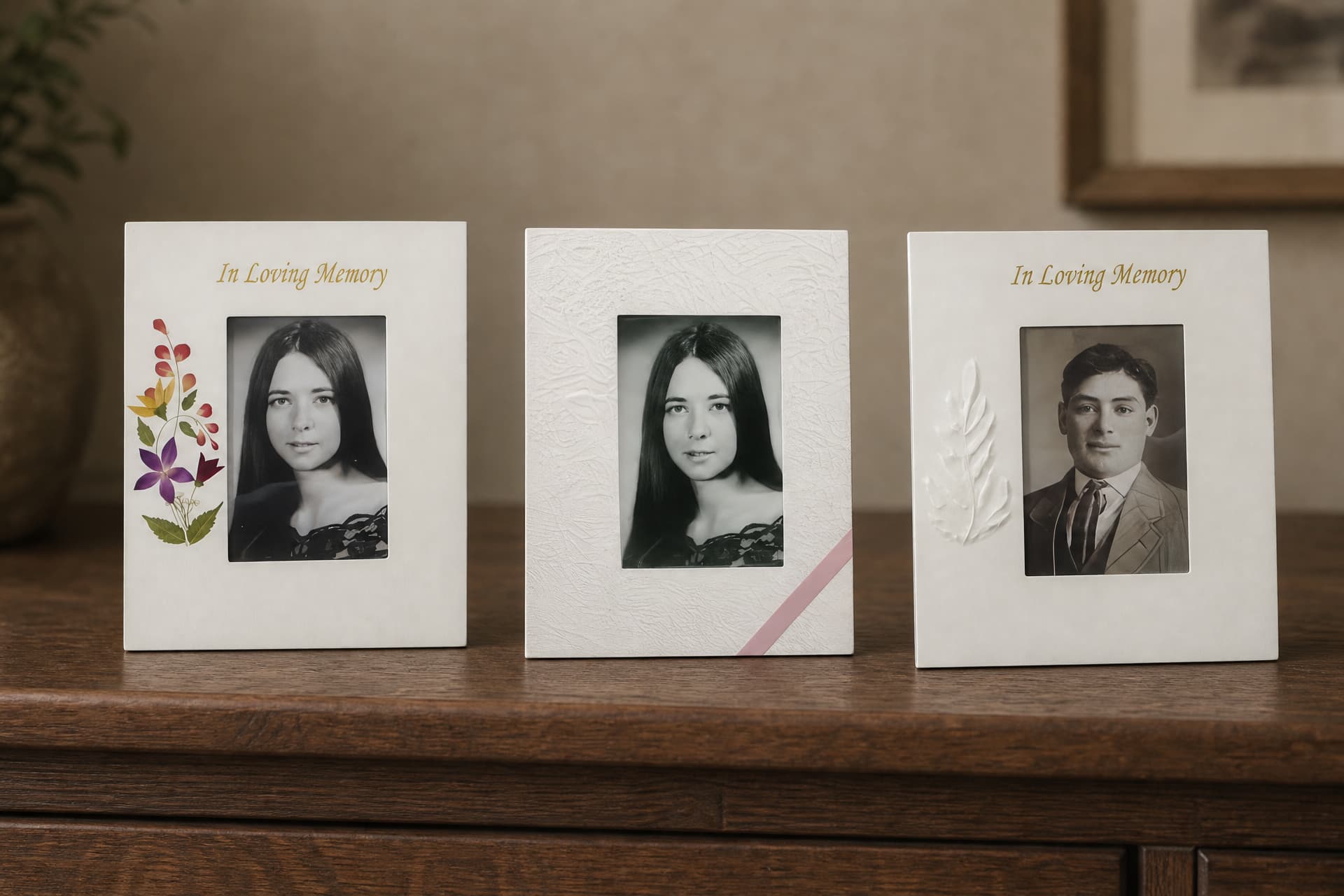 Three cream memorial picture frames standing side by side on a wooden shelf, each holding a black and white portrait, with pressed-flower, textured and leaf designs