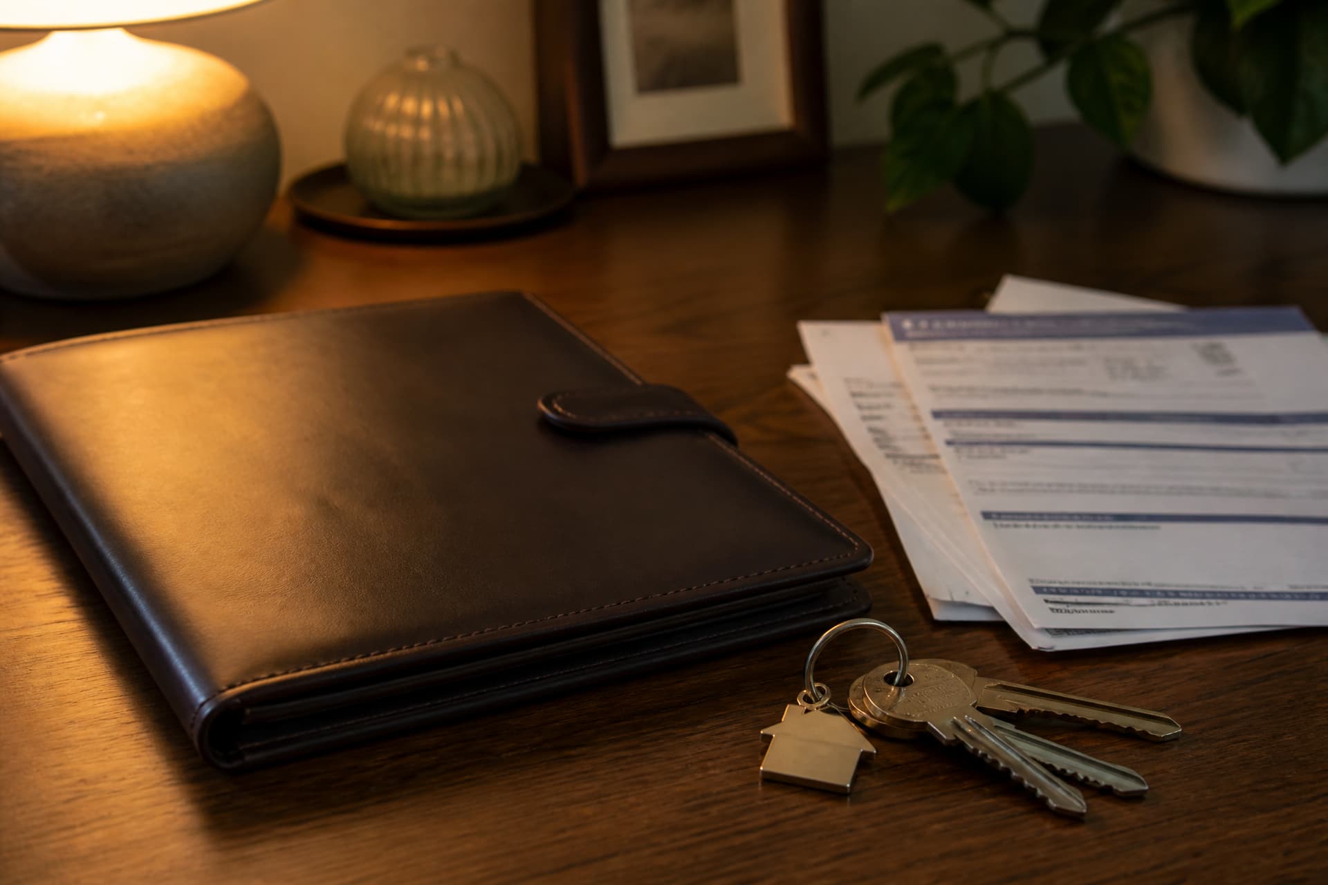 A closed document wallet on a desk beside a set of house keys and a small stack of account statements, warm lamplight