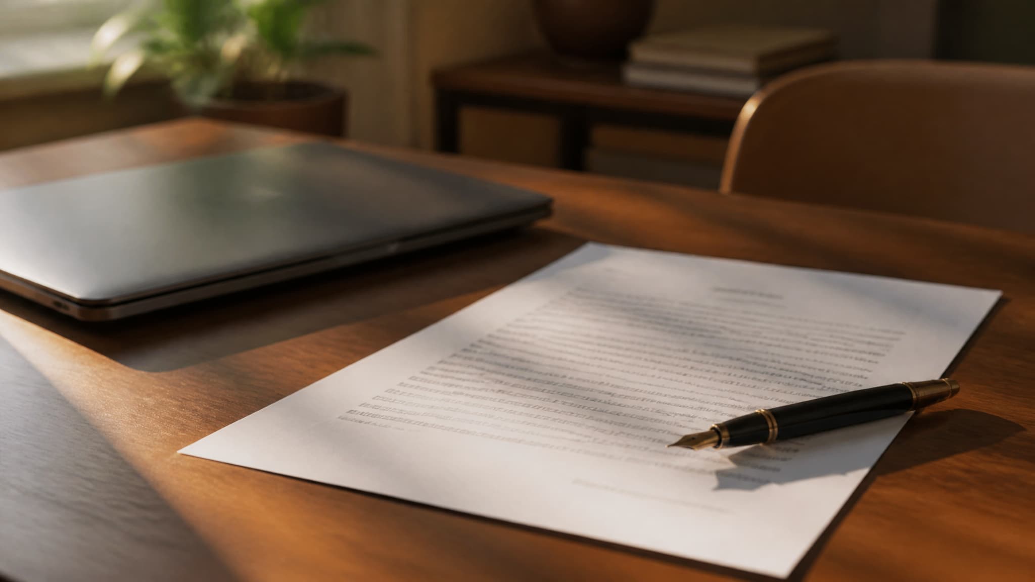 A printed document and a fountain pen on a wooden desk beside a closed laptop, in warm afternoon light