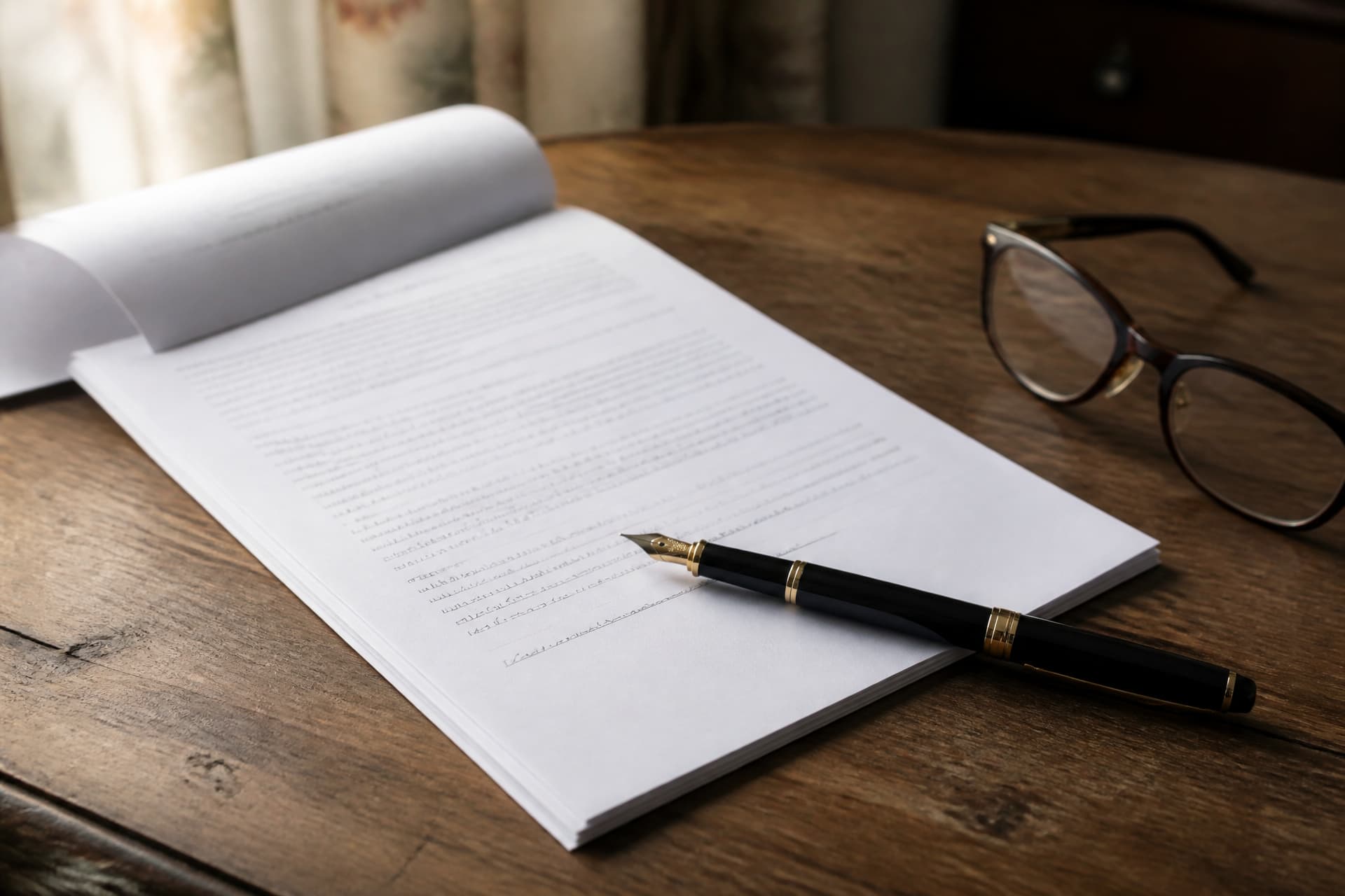 A printed multi-page document open at its final page on a table, a fountain pen resting across the signature line beside a pair of glasses