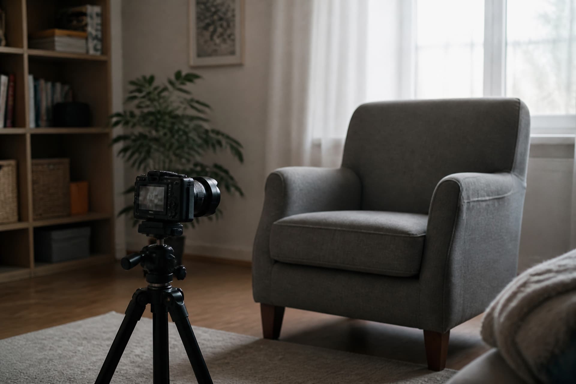 A small tripod-mounted camera facing an empty armchair in a domestic living room, soft daylight through a window