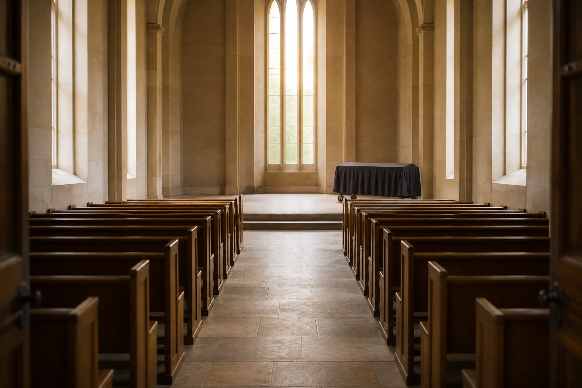 A chapel aisle photographed from the rear, empty pews on both sides and a wheeled bier standing at the front beside a low step