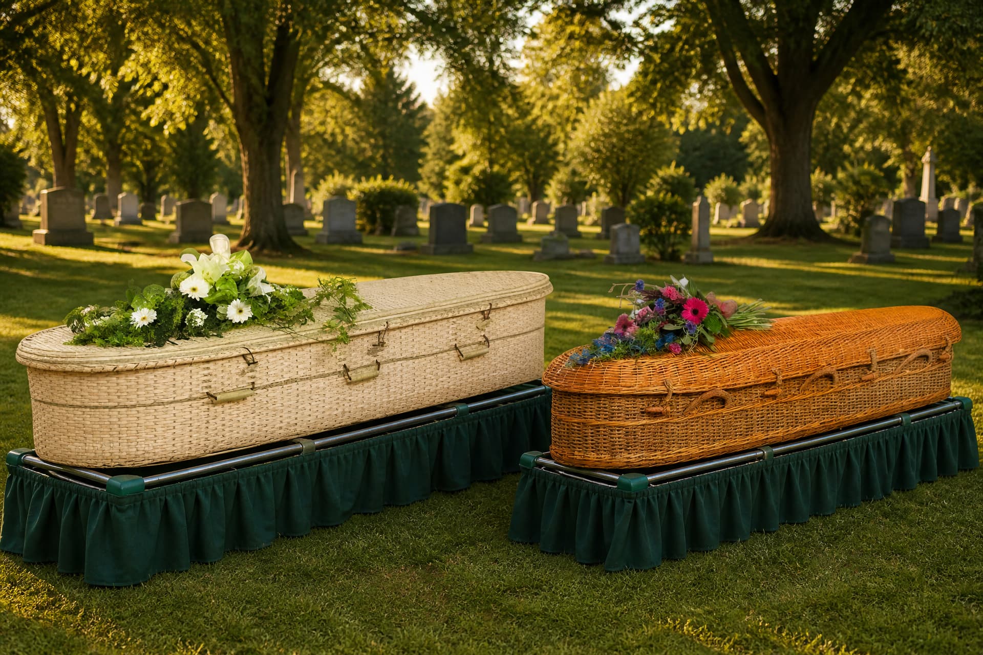 A pale bamboo casket and a woven seagrass casket resting side by side on draped biers in a cemetery, each with rope handles along its sides