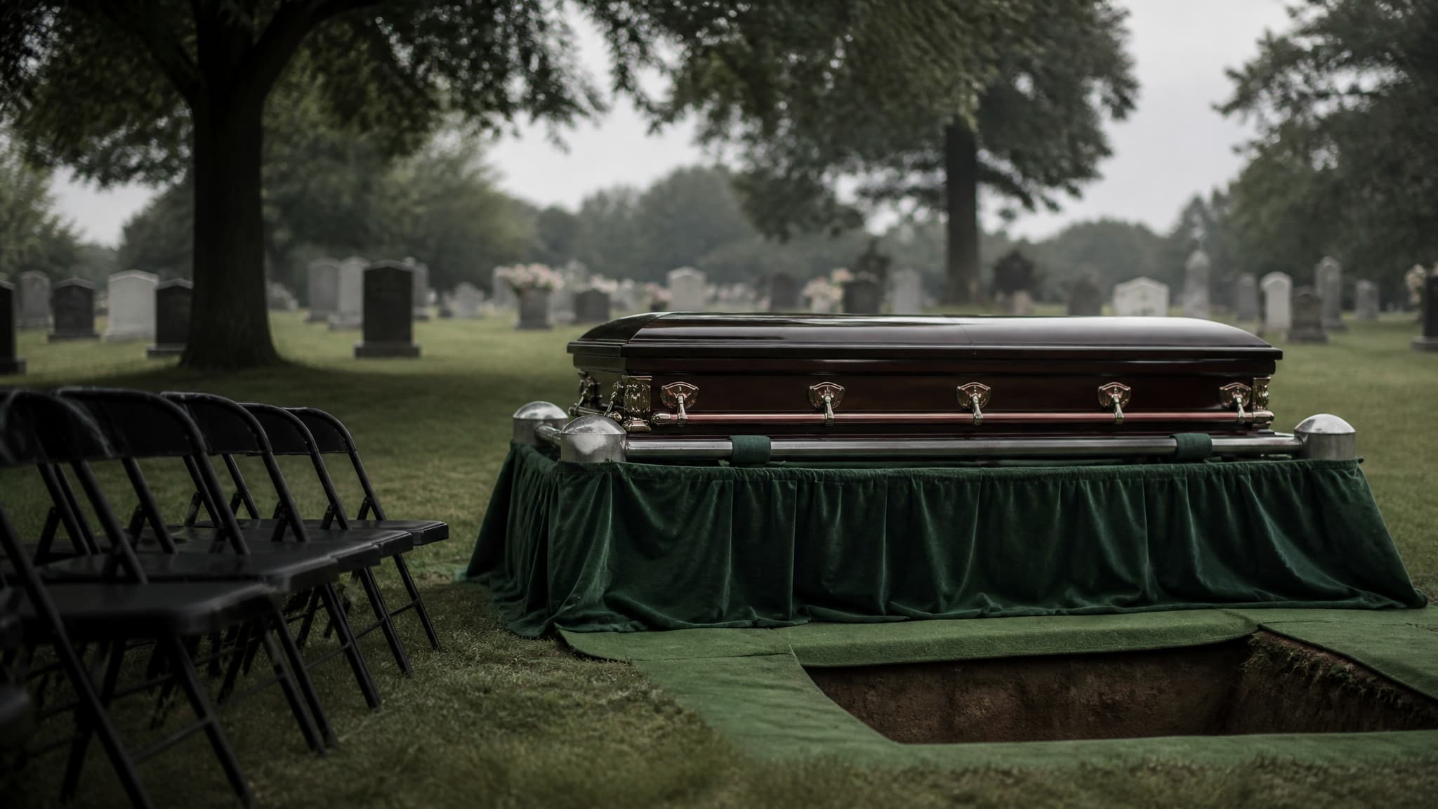 A polished casket resting on a draped bier at a graveside, its full-length side rail catching the light
