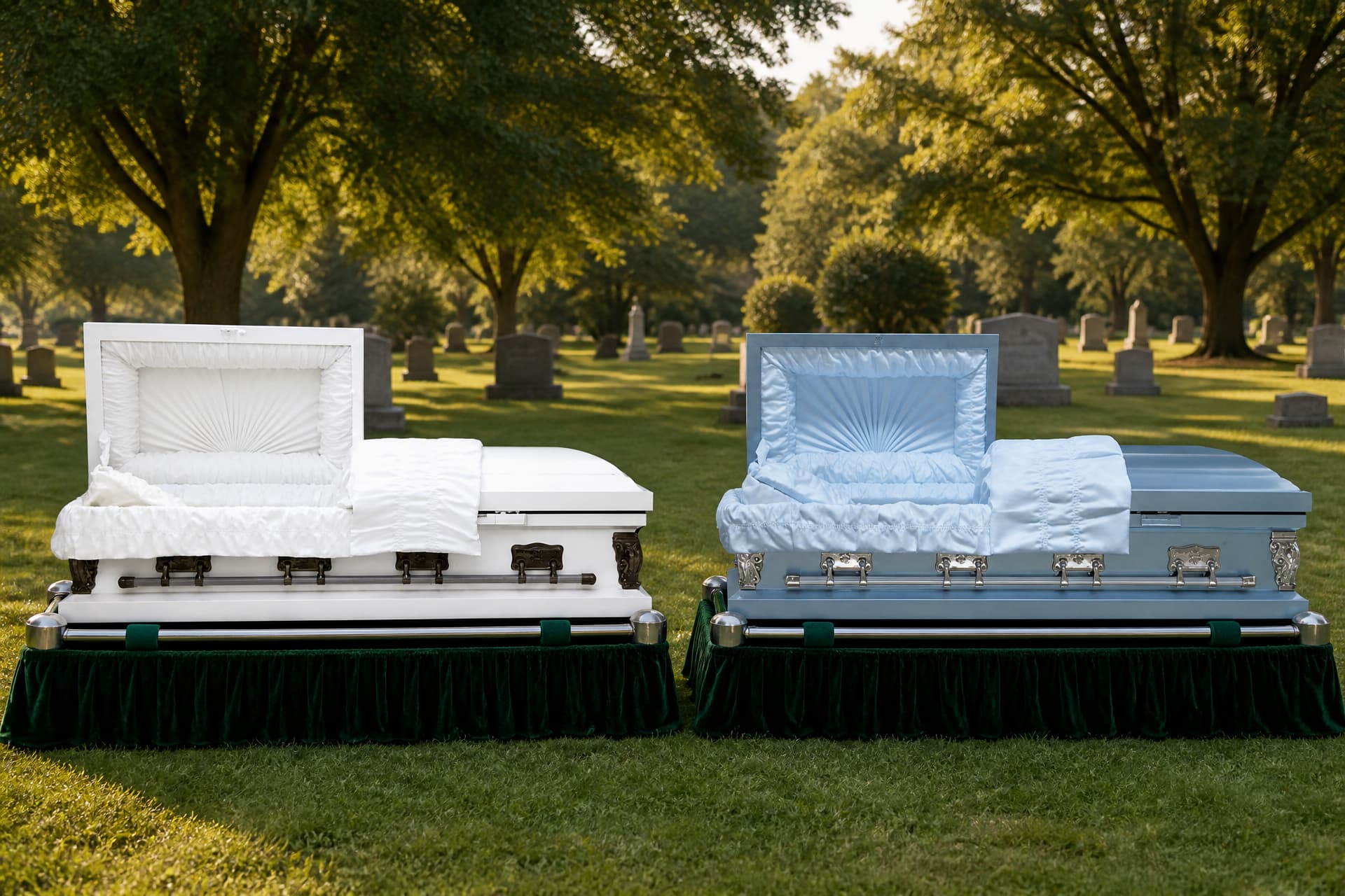 Two steel caskets in white and pale blue resting side by side on draped biers on a cemetery lawn, their full-length side rails visible