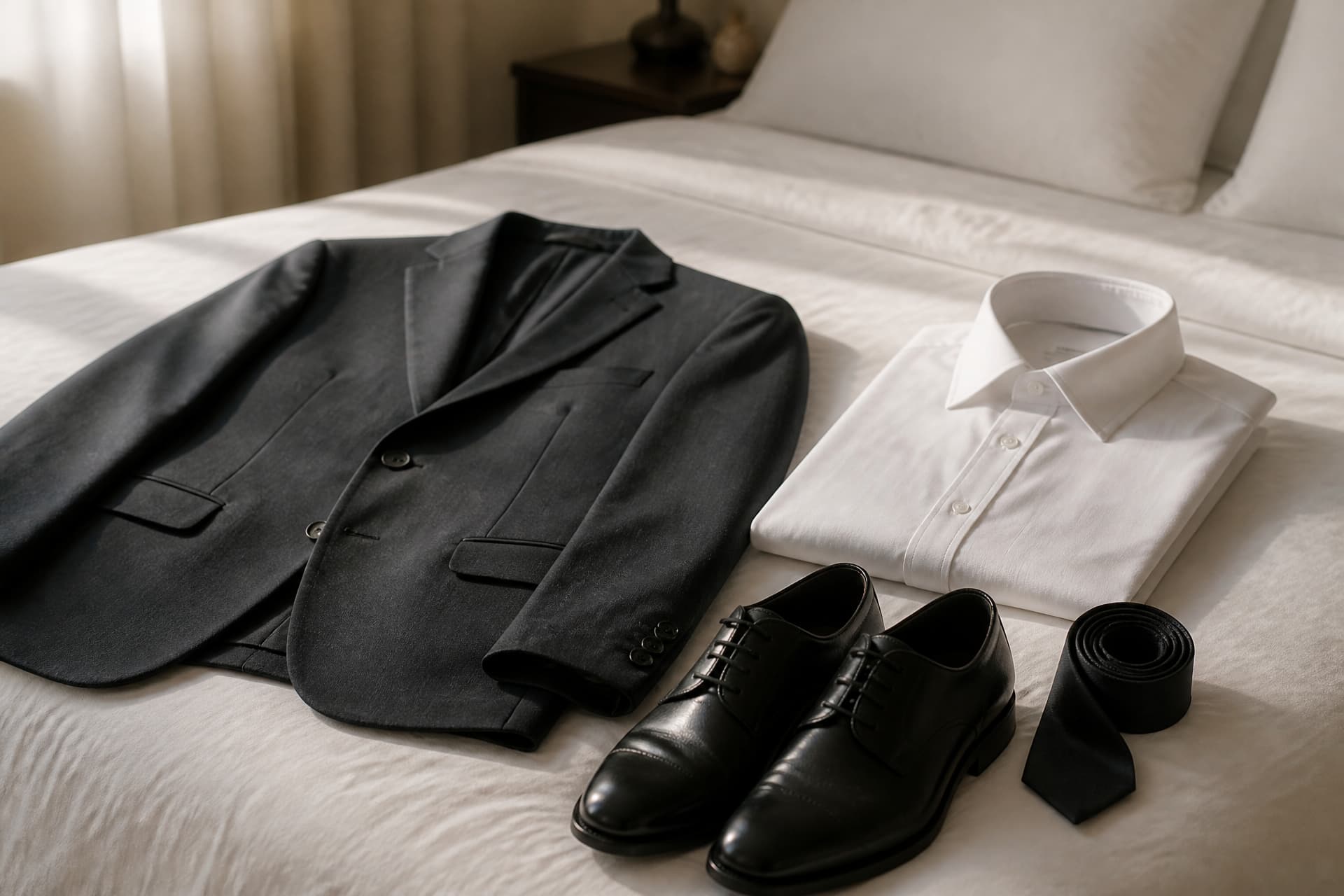 A dark charcoal suit jacket, a folded white shirt, a rolled black tie and plain polished black leather shoes laid out on a bed